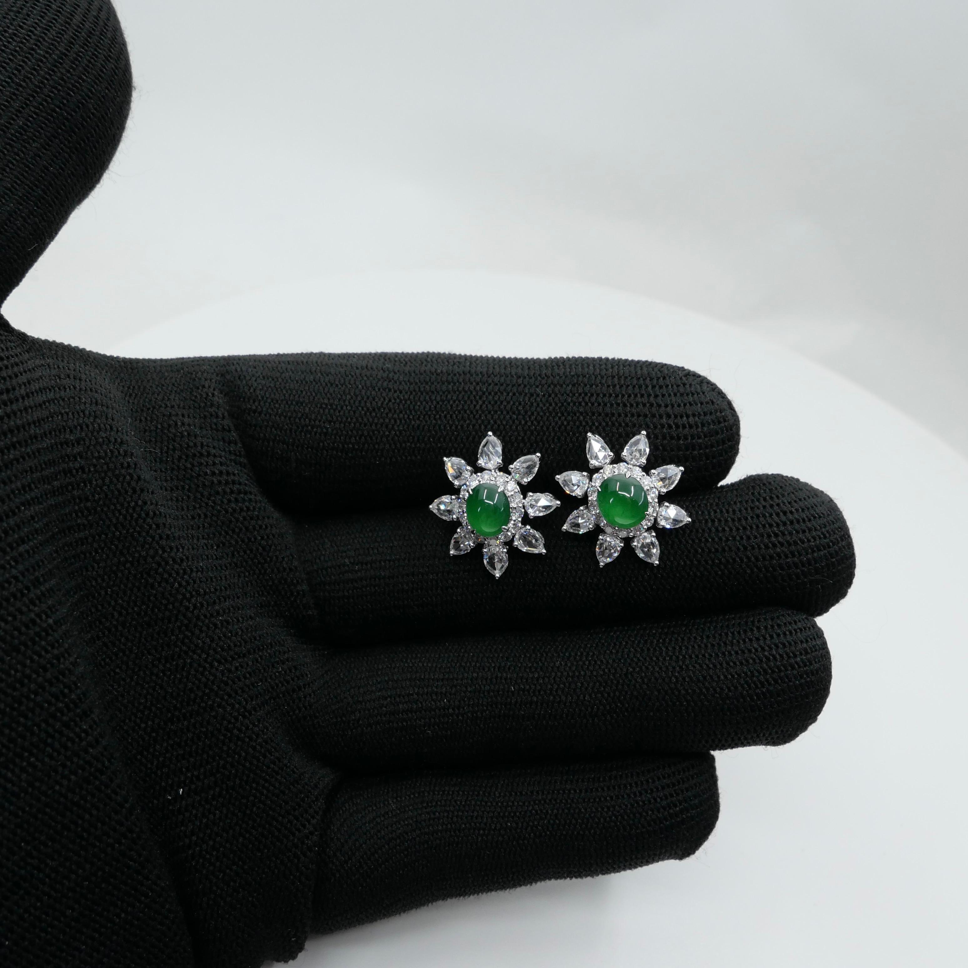 Certified Imperial Jade & Rose Cut Diamond Stud Earrings. Best Glowing Green. For Sale 11