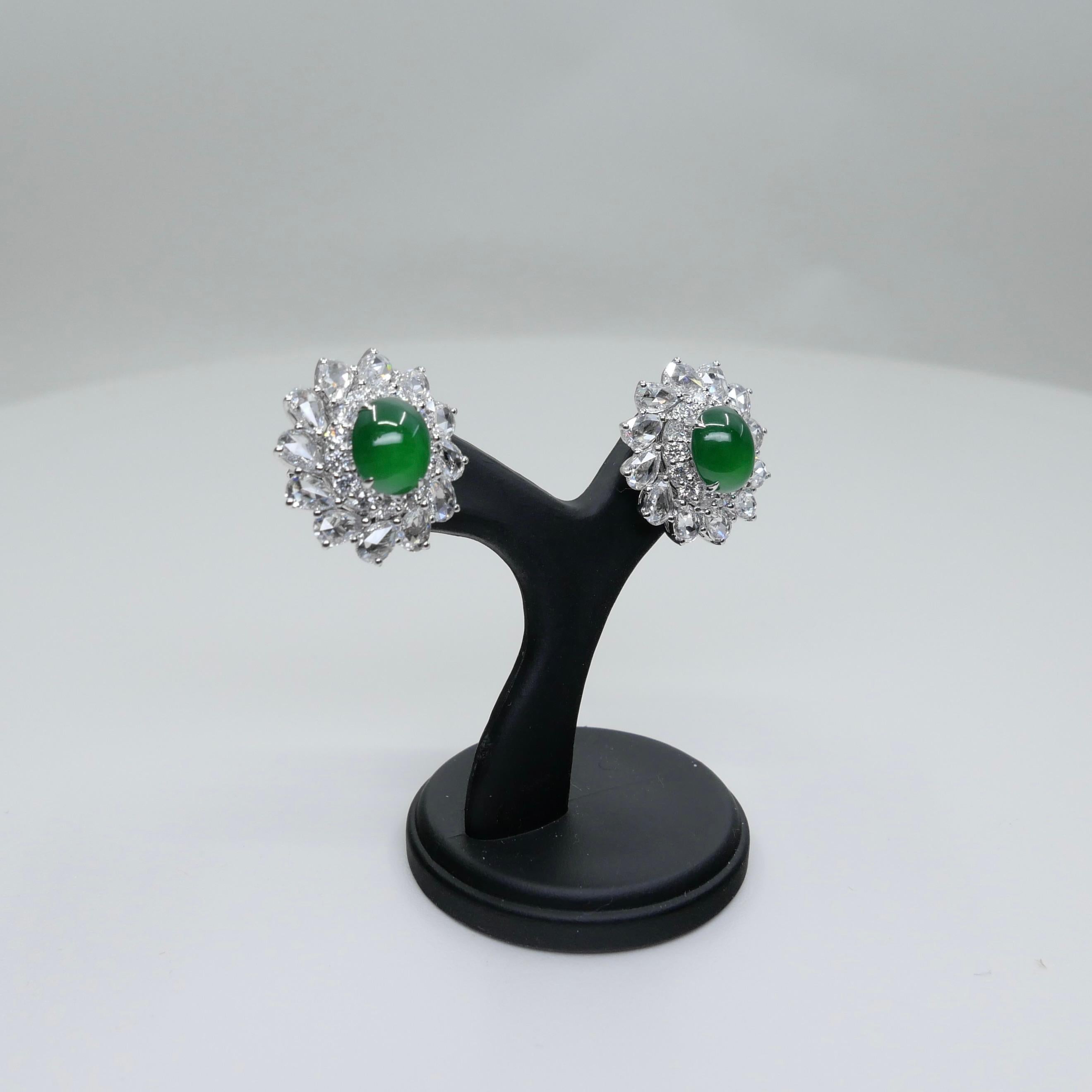 Certified Imperial Jade & Rose Cut Diamond Stud Earrings. Best Glowing Green. For Sale 11
