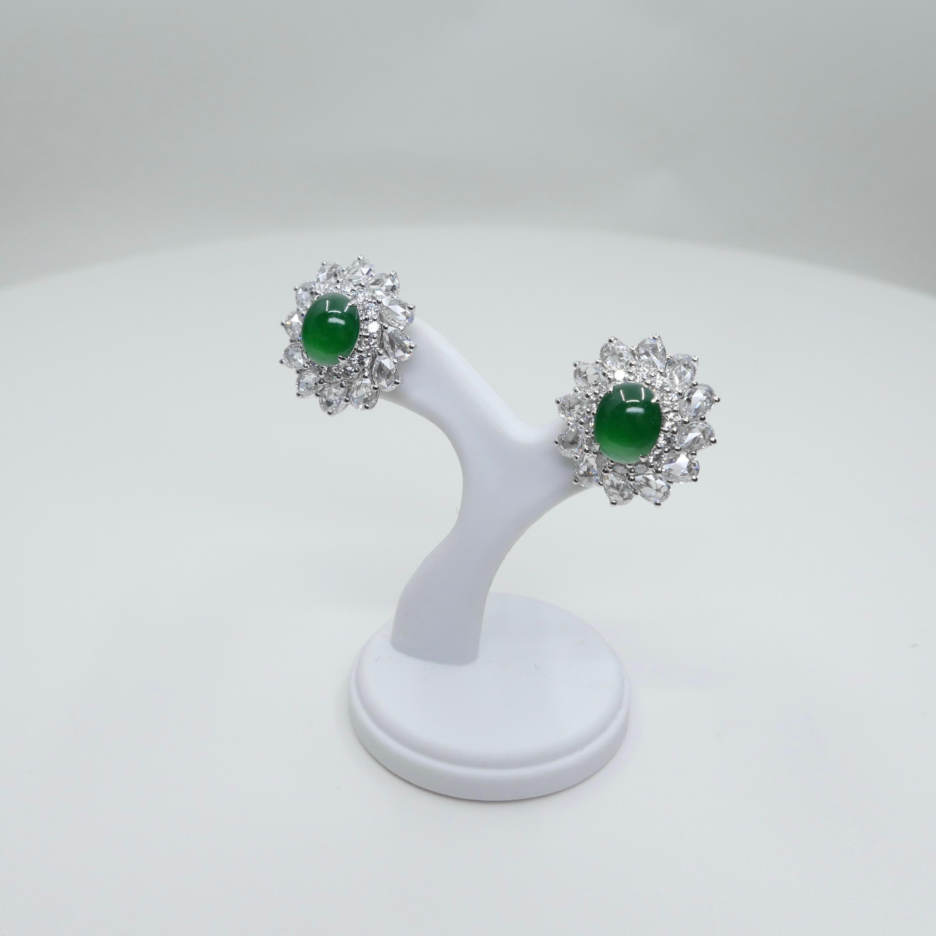 Certified Imperial Jade & Rose Cut Diamond Stud Earrings. Best Glowing Green. For Sale 12