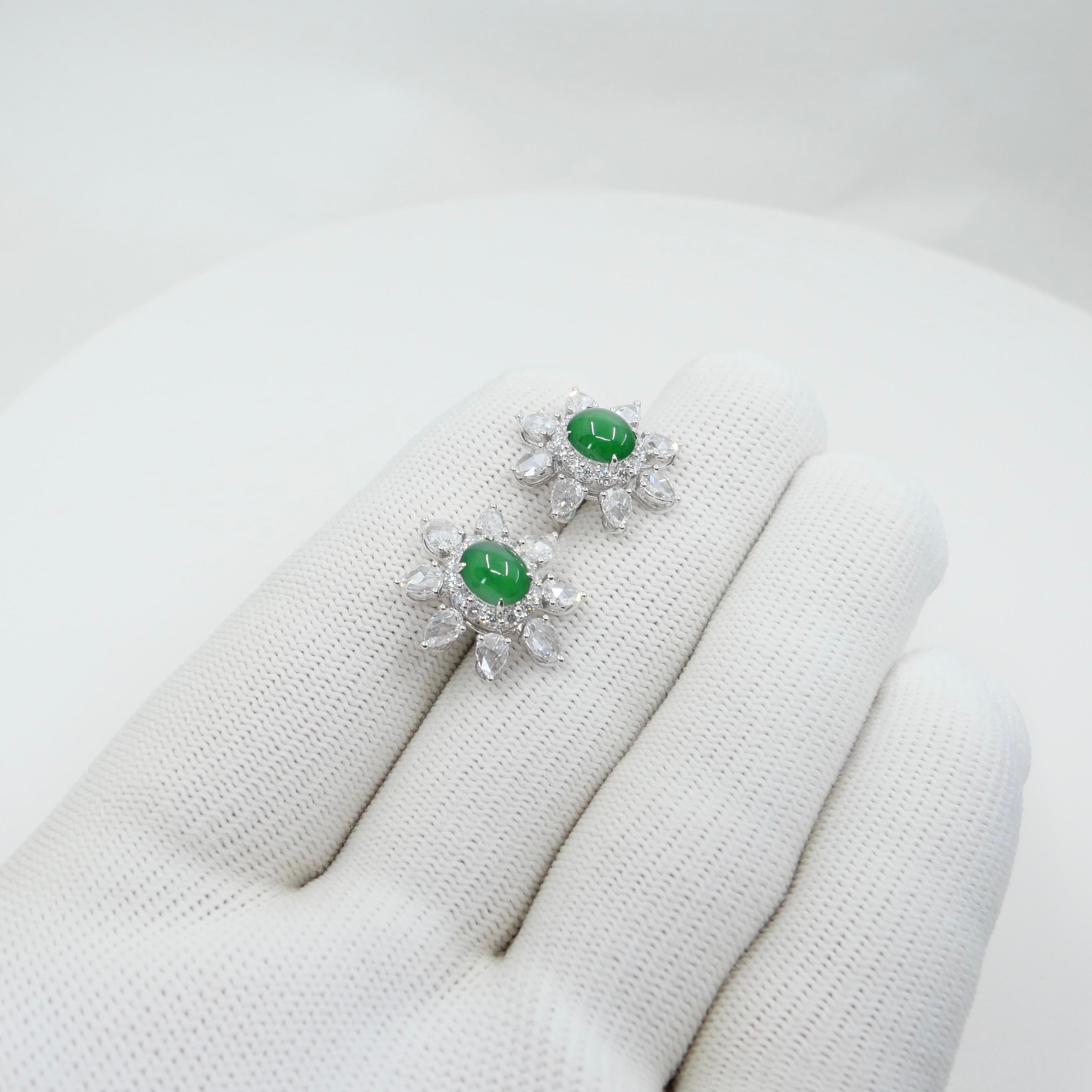 Certified Imperial Jade & Rose Cut Diamond Stud Earrings. Best Glowing Green. For Sale 13