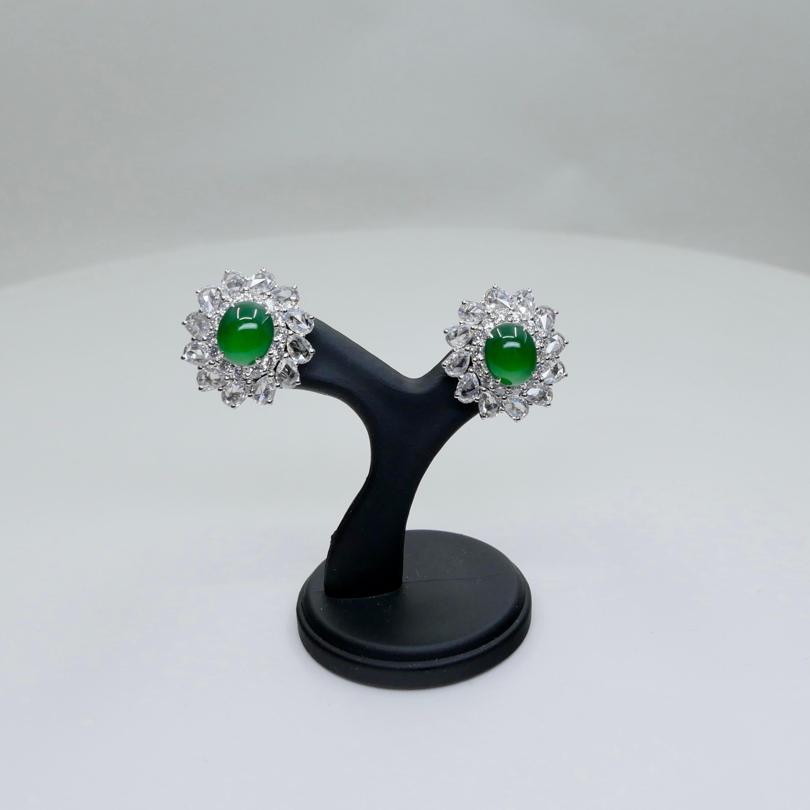 Cabochon Certified Imperial Jade & Rose Cut Diamond Stud Earrings. Best Glowing Green. For Sale