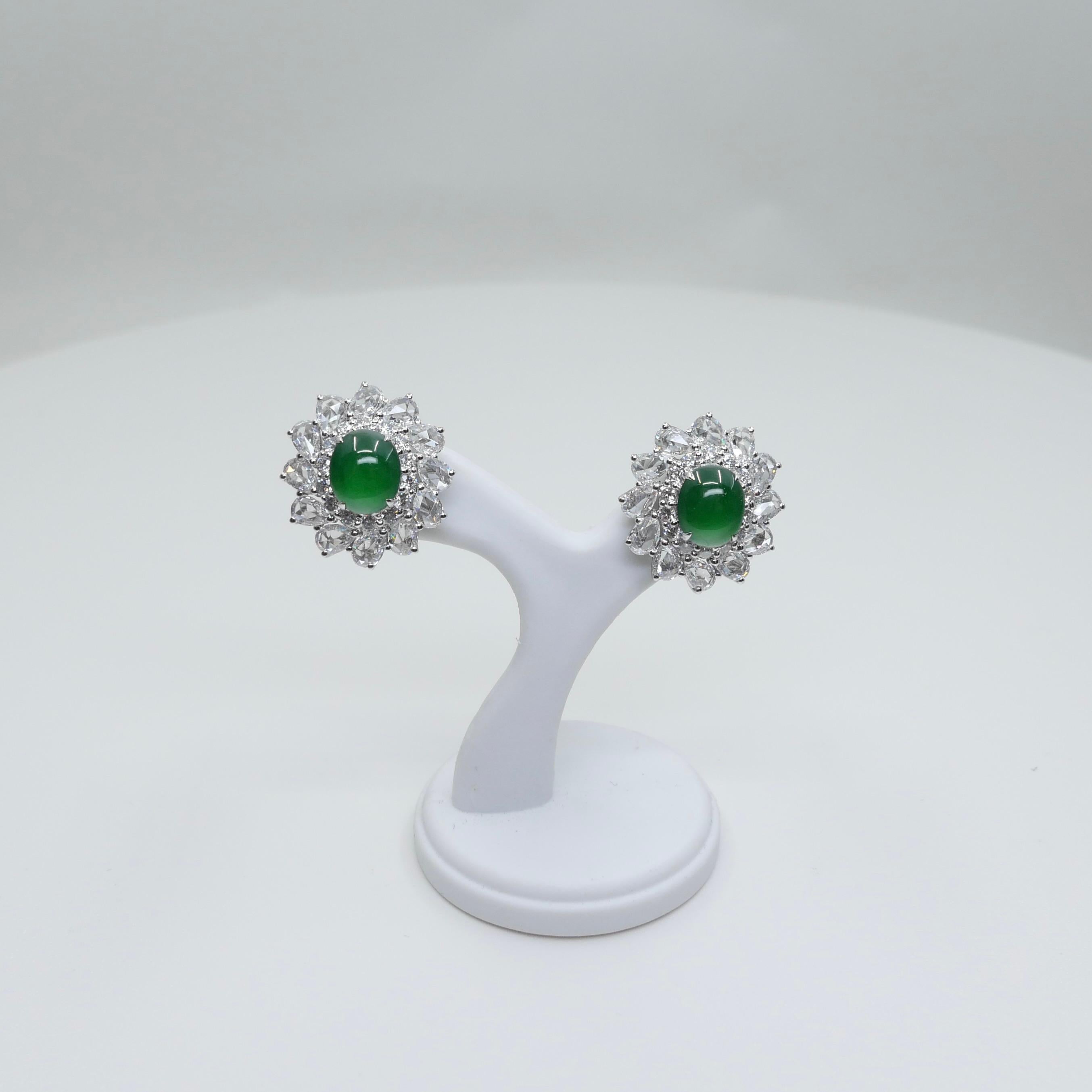 Certified Imperial Jade & Rose Cut Diamond Stud Earrings. Best Glowing Green. In New Condition For Sale In Hong Kong, HK