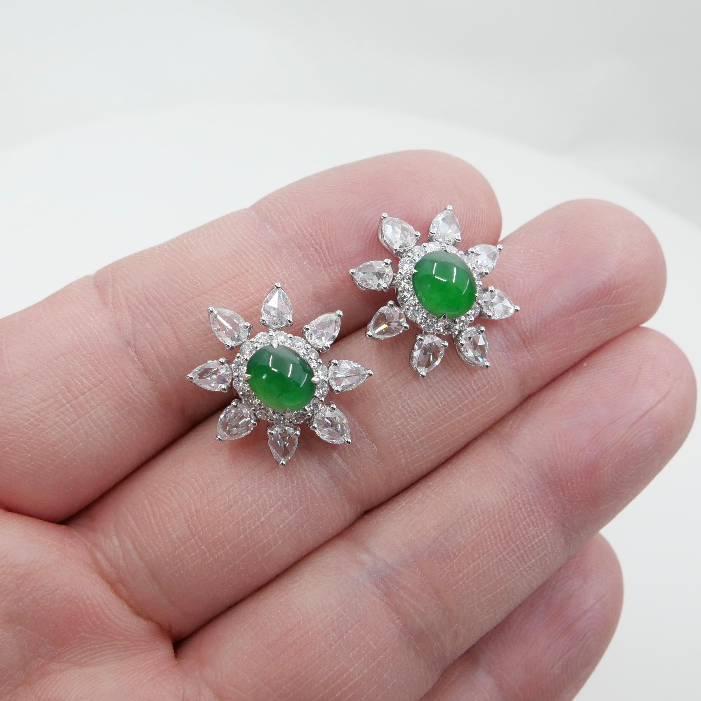 Women's Certified Imperial Jade & Rose Cut Diamond Stud Earrings. Best Glowing Green. For Sale