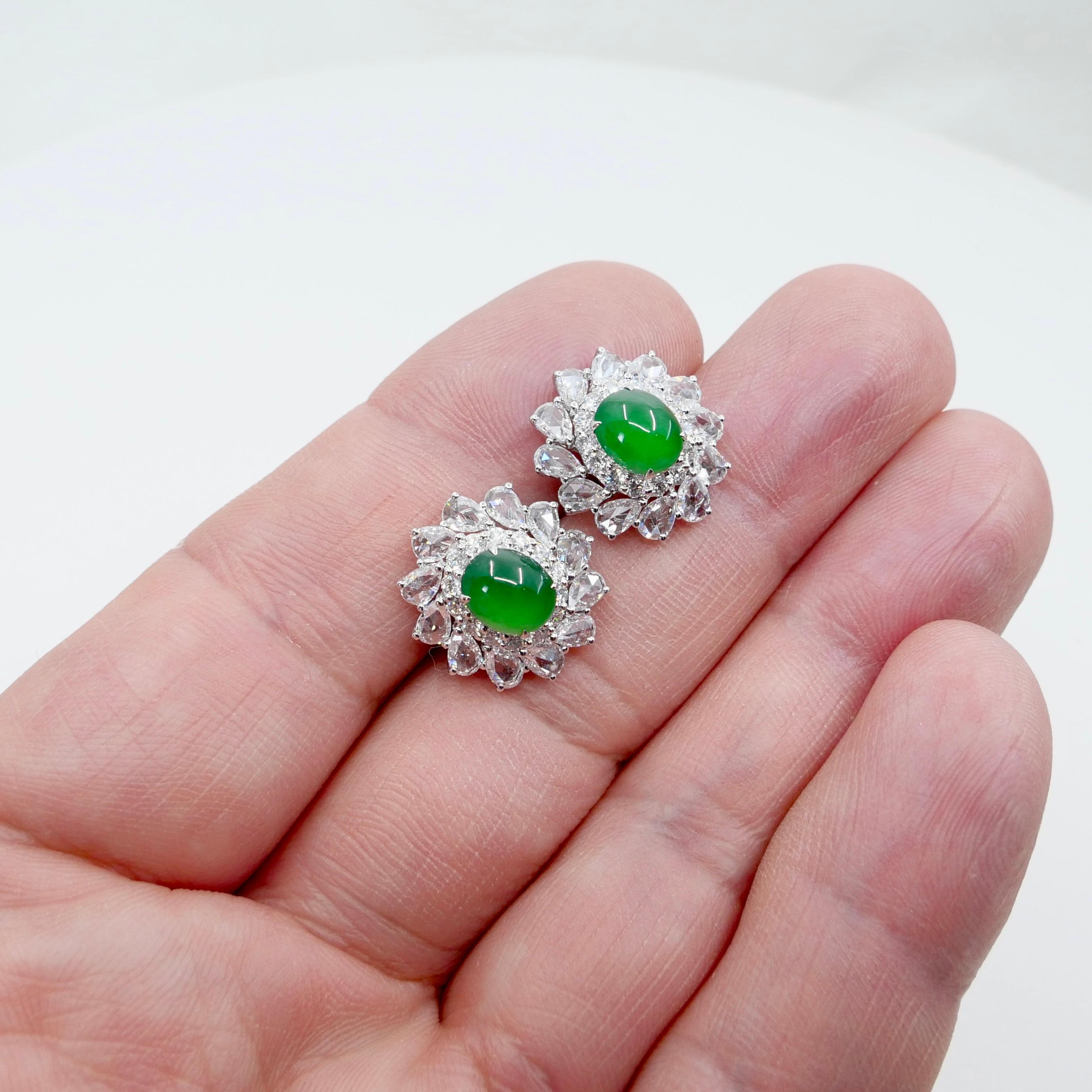 Certified Imperial Jade & Rose Cut Diamond Stud Earrings. Best Glowing Green. For Sale 1
