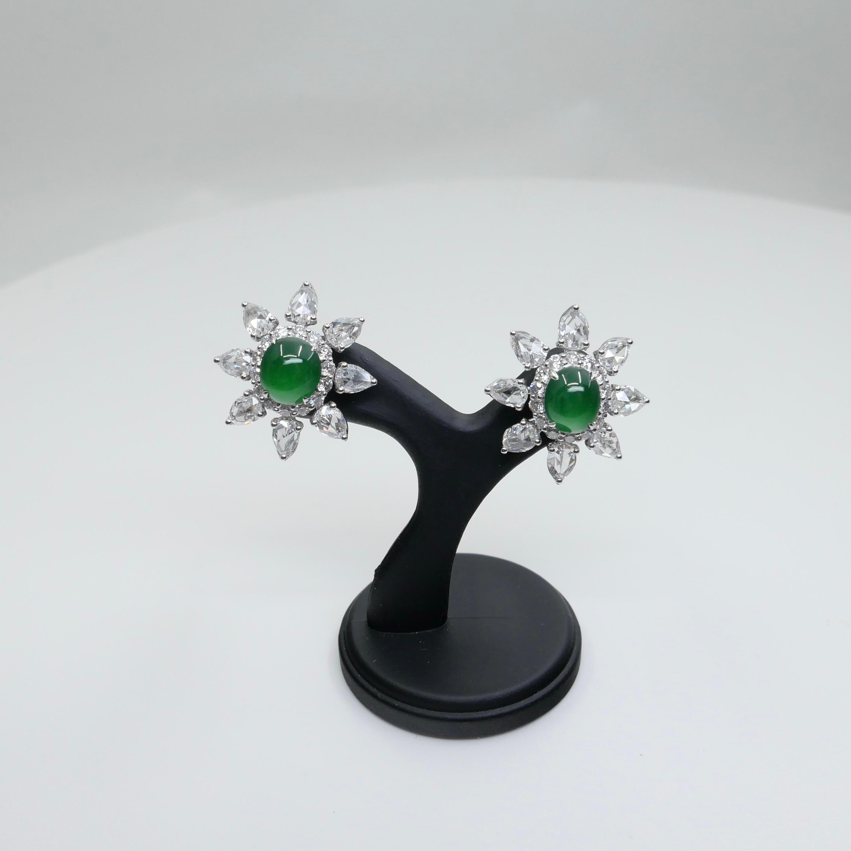 Certified Imperial Jade & Rose Cut Diamond Stud Earrings. Best Glowing Green. For Sale 2