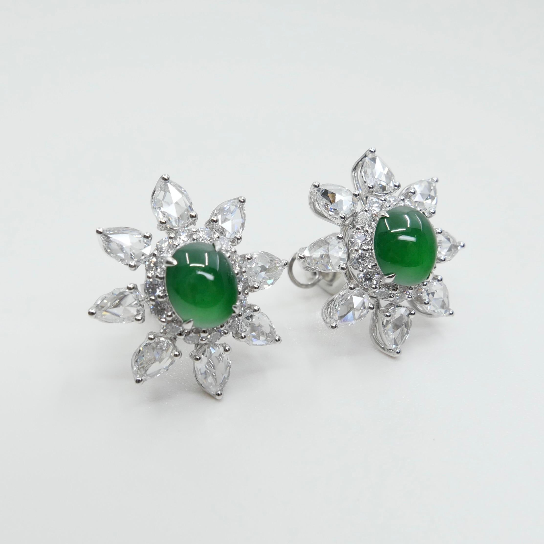Certified Imperial Jade & Rose Cut Diamond Stud Earrings. Best Glowing Green. For Sale 3