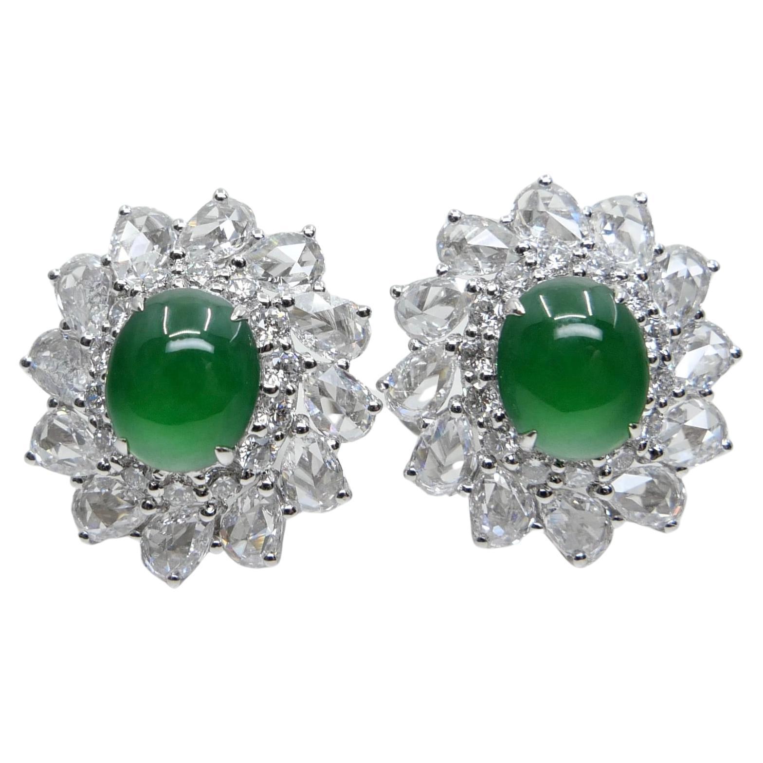 Certified Imperial Jade & Rose Cut Diamond Stud Earrings. Best Glowing Green. For Sale