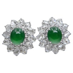Certified Imperial Jade & Rose Cut Diamond Stud Earrings. Best Glowing Green.