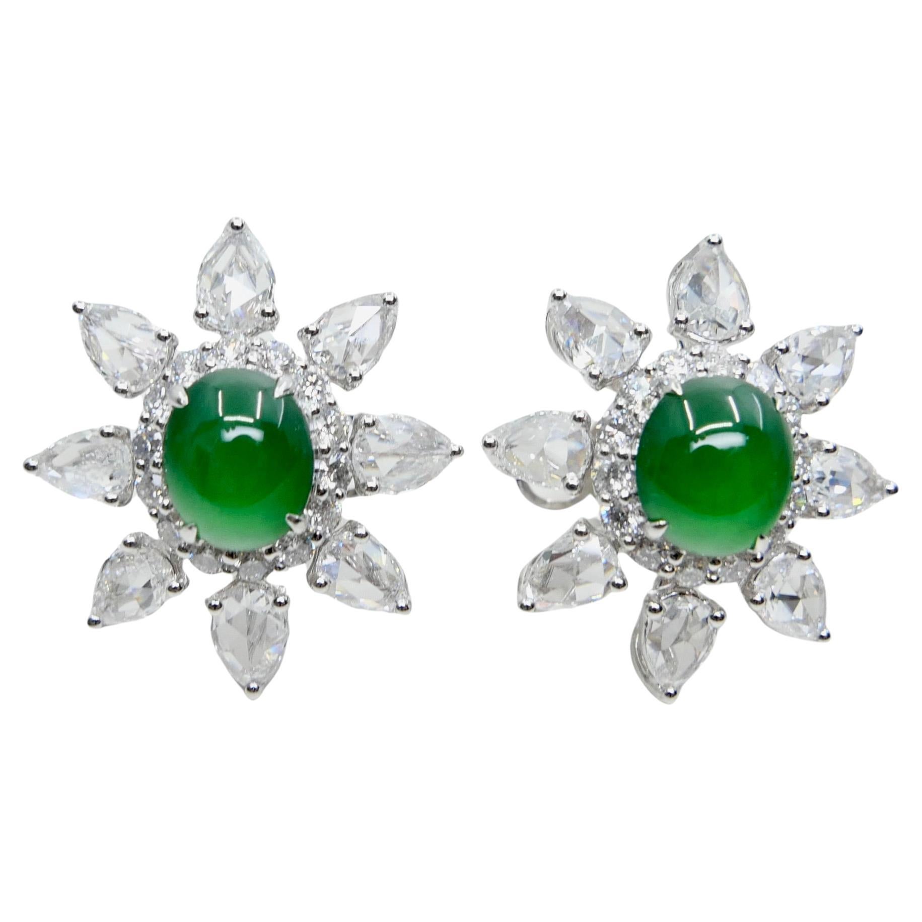 Certified Imperial Jade & Rose Cut Diamond Stud Earrings. Best Glowing Green. For Sale