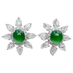 Certified Imperial Jade & Rose Cut Diamond Stud Earrings. Best Glowing Green.
