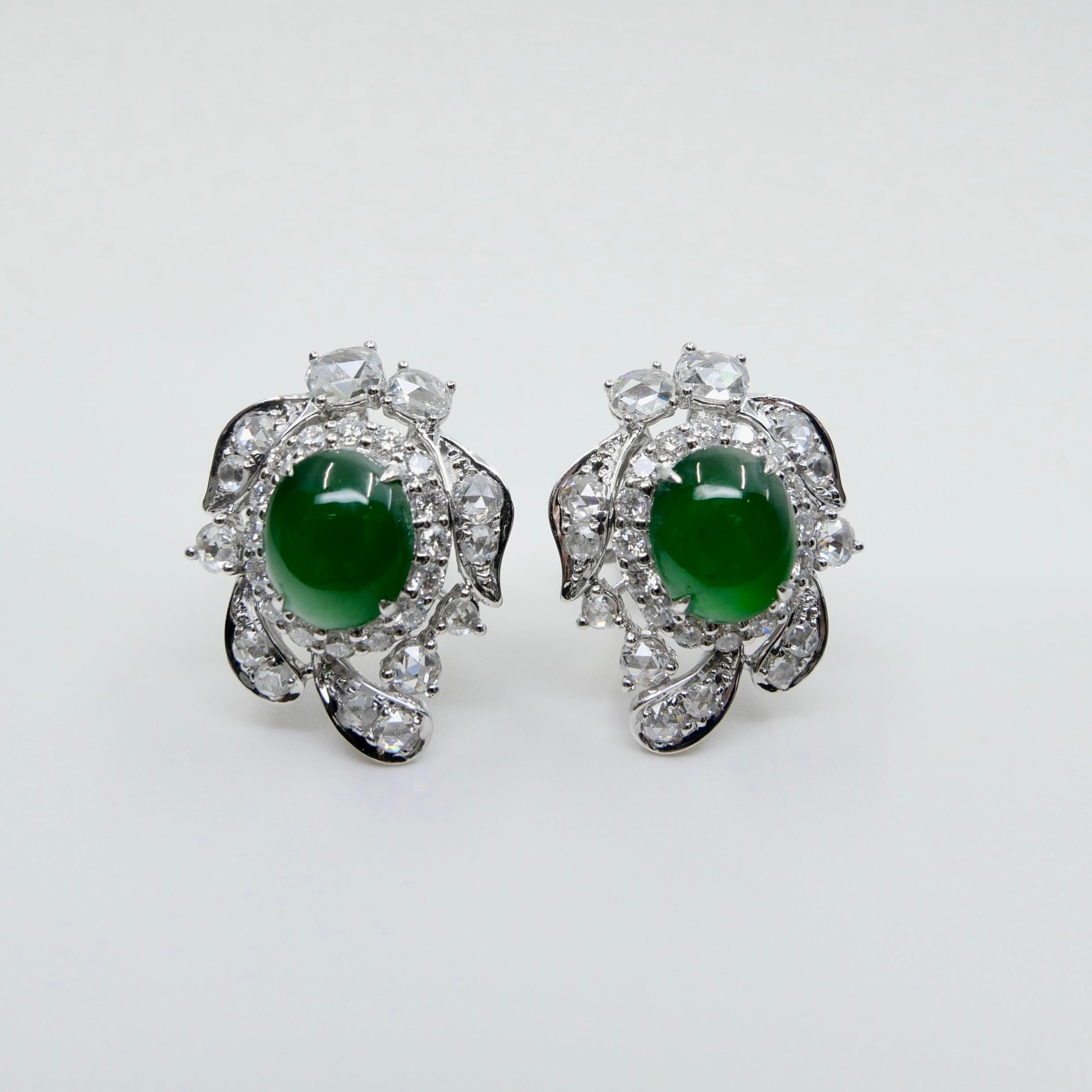 Certified Imperial Jade & Rose Cut Diamond Stud Earrings. Glowing Green. For Sale 5
