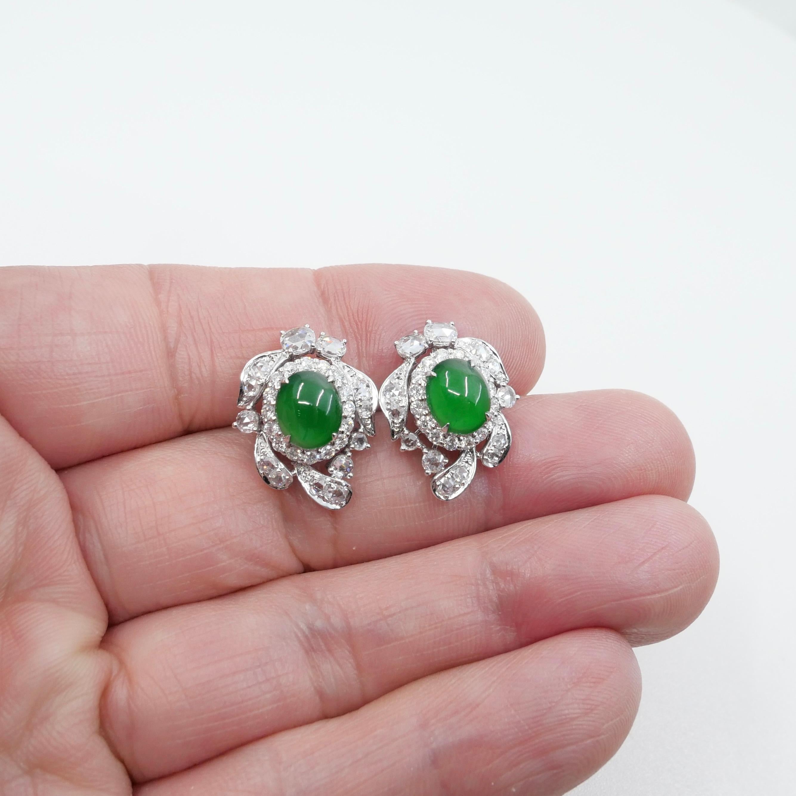 Certified Imperial Jade & Rose Cut Diamond Stud Earrings. Glowing Green. For Sale 6