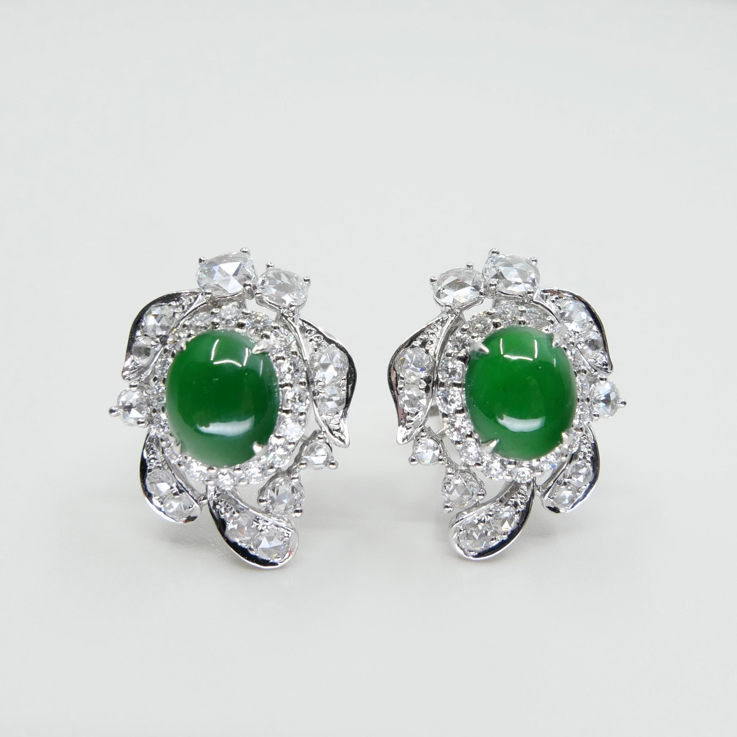 Certified Imperial Jade & Rose Cut Diamond Stud Earrings. Glowing Green. For Sale 7
