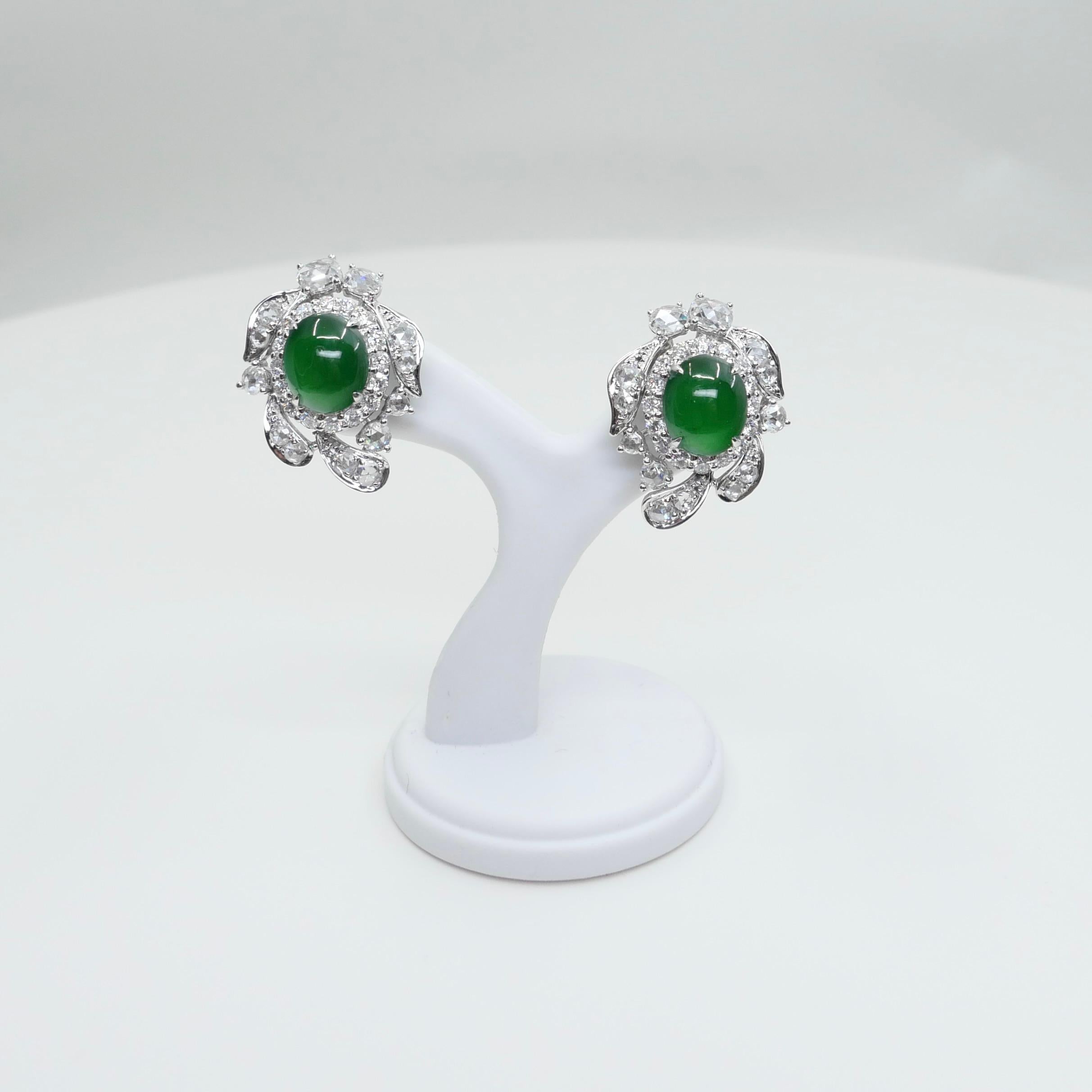 Certified Imperial Jade & Rose Cut Diamond Stud Earrings. Glowing Green. For Sale 8