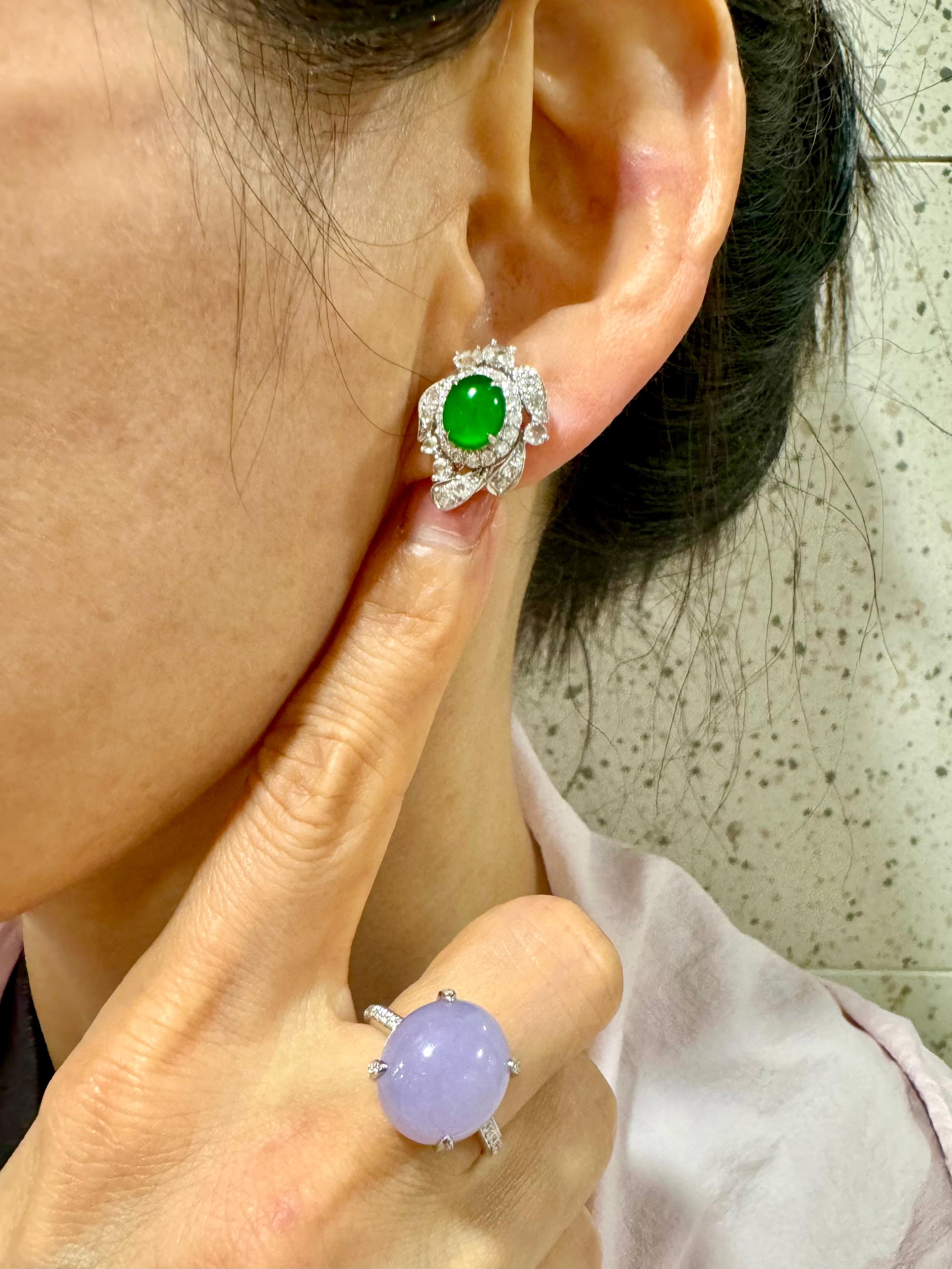 Certified Imperial Jade & Rose Cut Diamond Stud Earrings. Glowing Green. For Sale 9