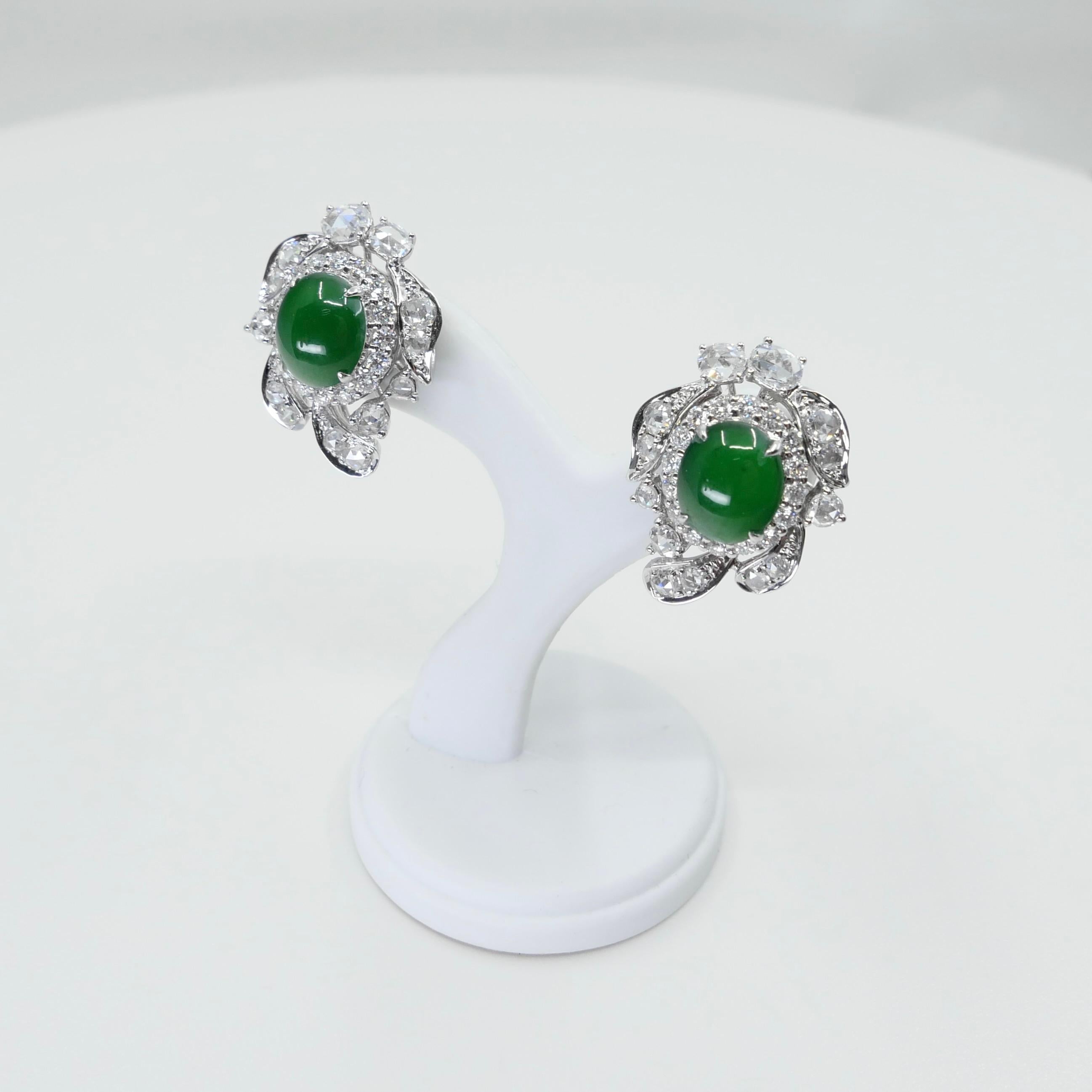 Certified Imperial Jade & Rose Cut Diamond Stud Earrings. Glowing Green. For Sale 10