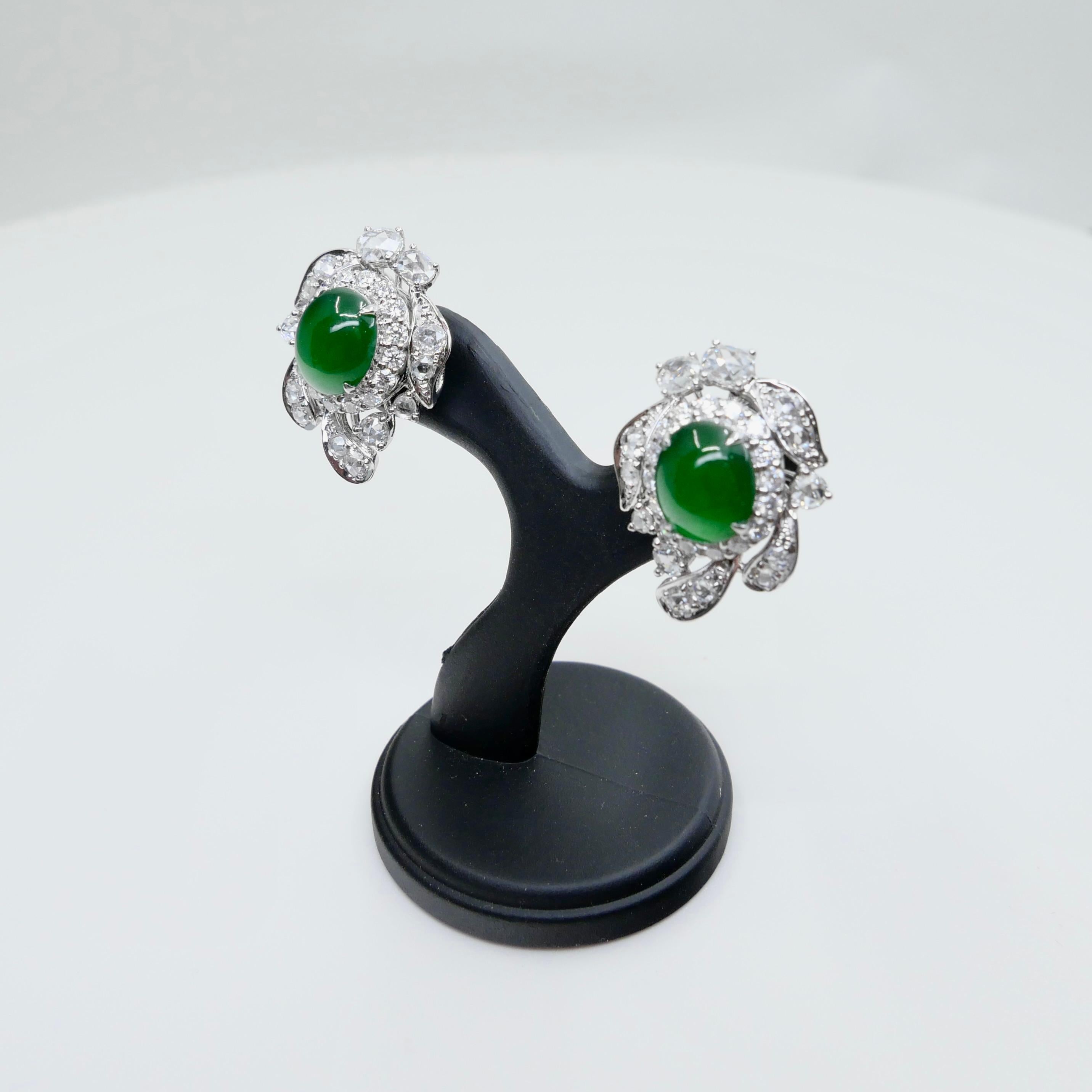 Certified Imperial Jade & Rose Cut Diamond Stud Earrings. Glowing Green. For Sale 11