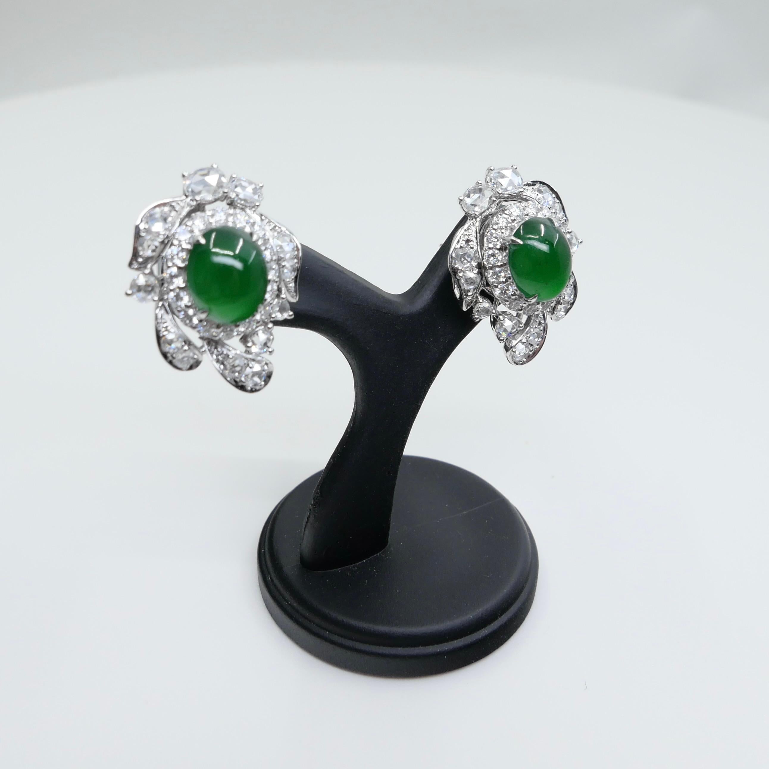 Certified Imperial Jade & Rose Cut Diamond Stud Earrings. Glowing Green. For Sale 12