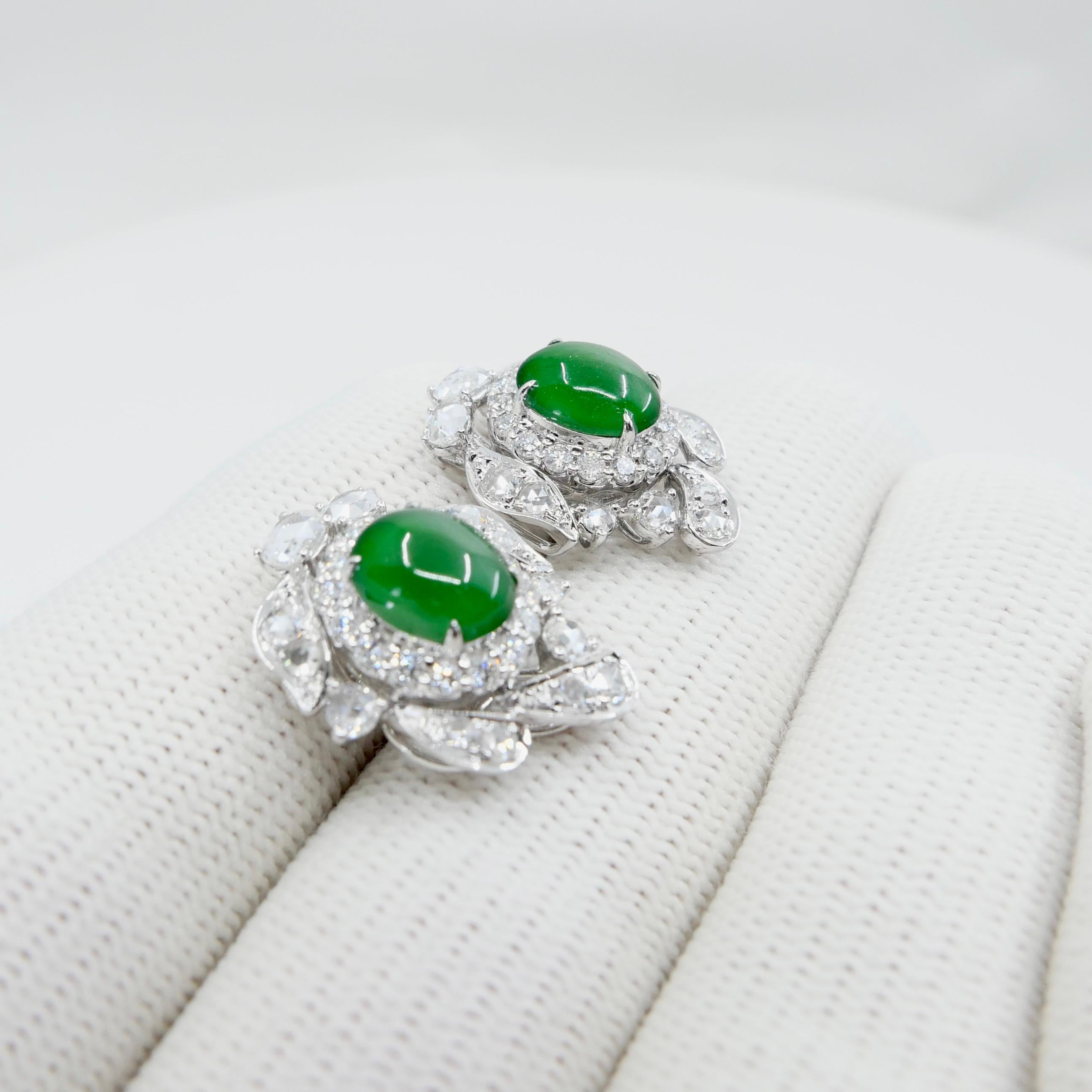 Certified Imperial Jade & Rose Cut Diamond Stud Earrings. Glowing Green. For Sale 13
