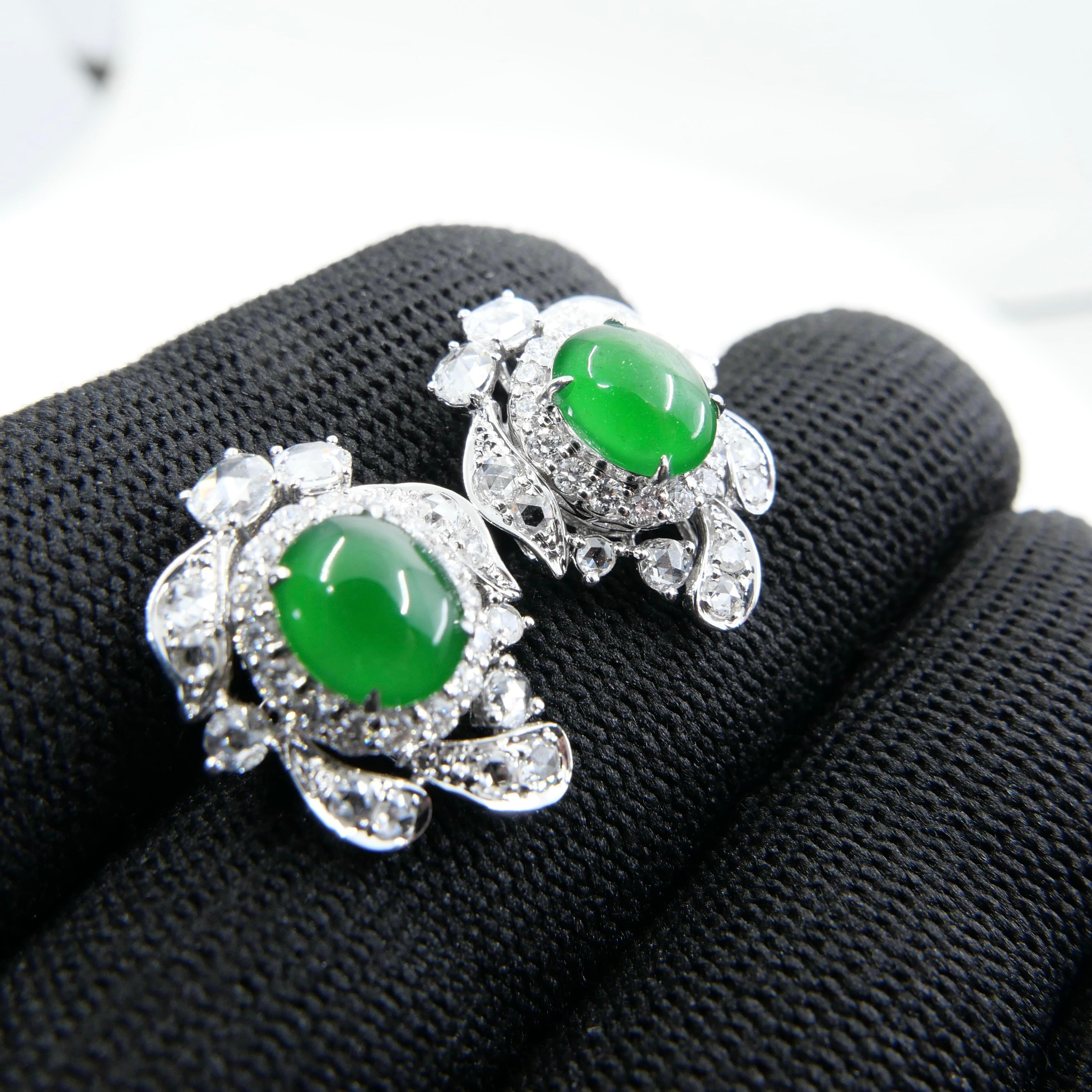 Certified Imperial Jade & Rose Cut Diamond Stud Earrings. Glowing Green. For Sale 14