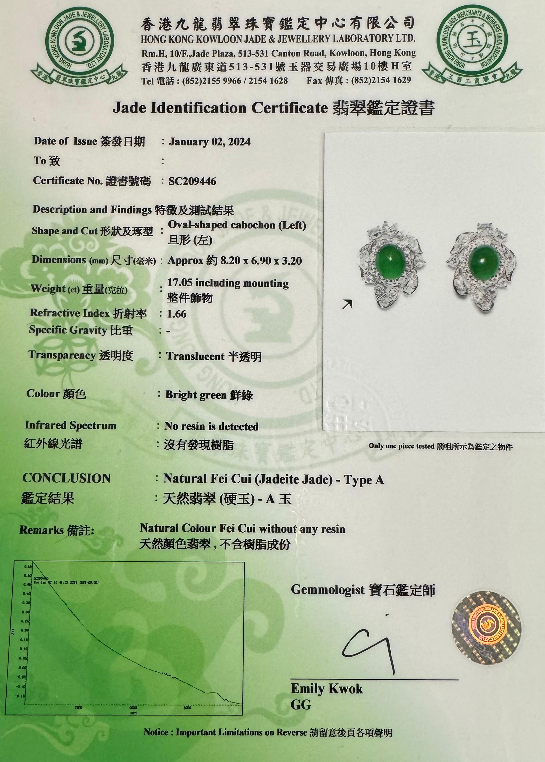 Certified Imperial Jade & Rose Cut Diamond Stud Earrings. Glowing Green. For Sale 15