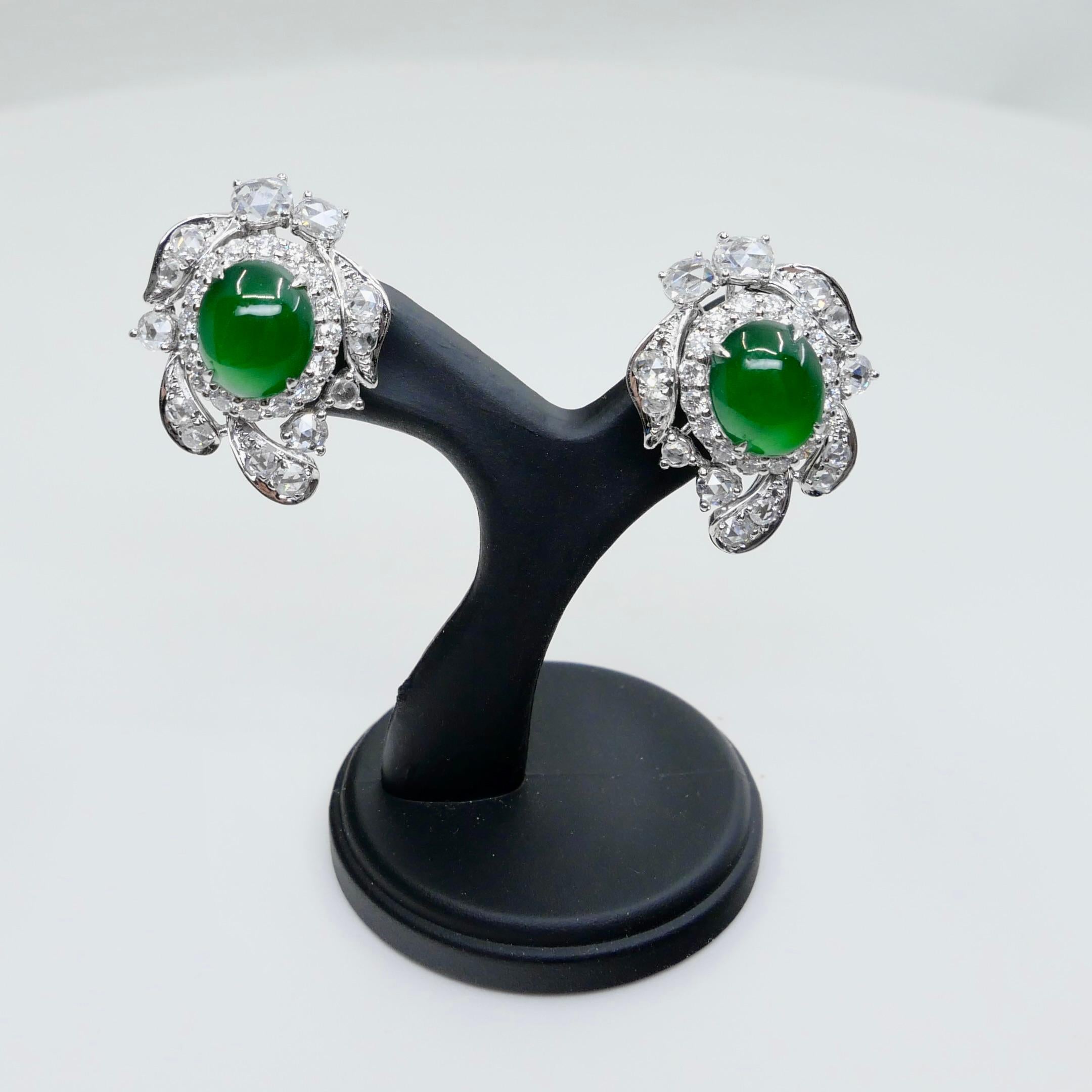 Cabochon Certified Imperial Jade & Rose Cut Diamond Stud Earrings. Glowing Green. For Sale