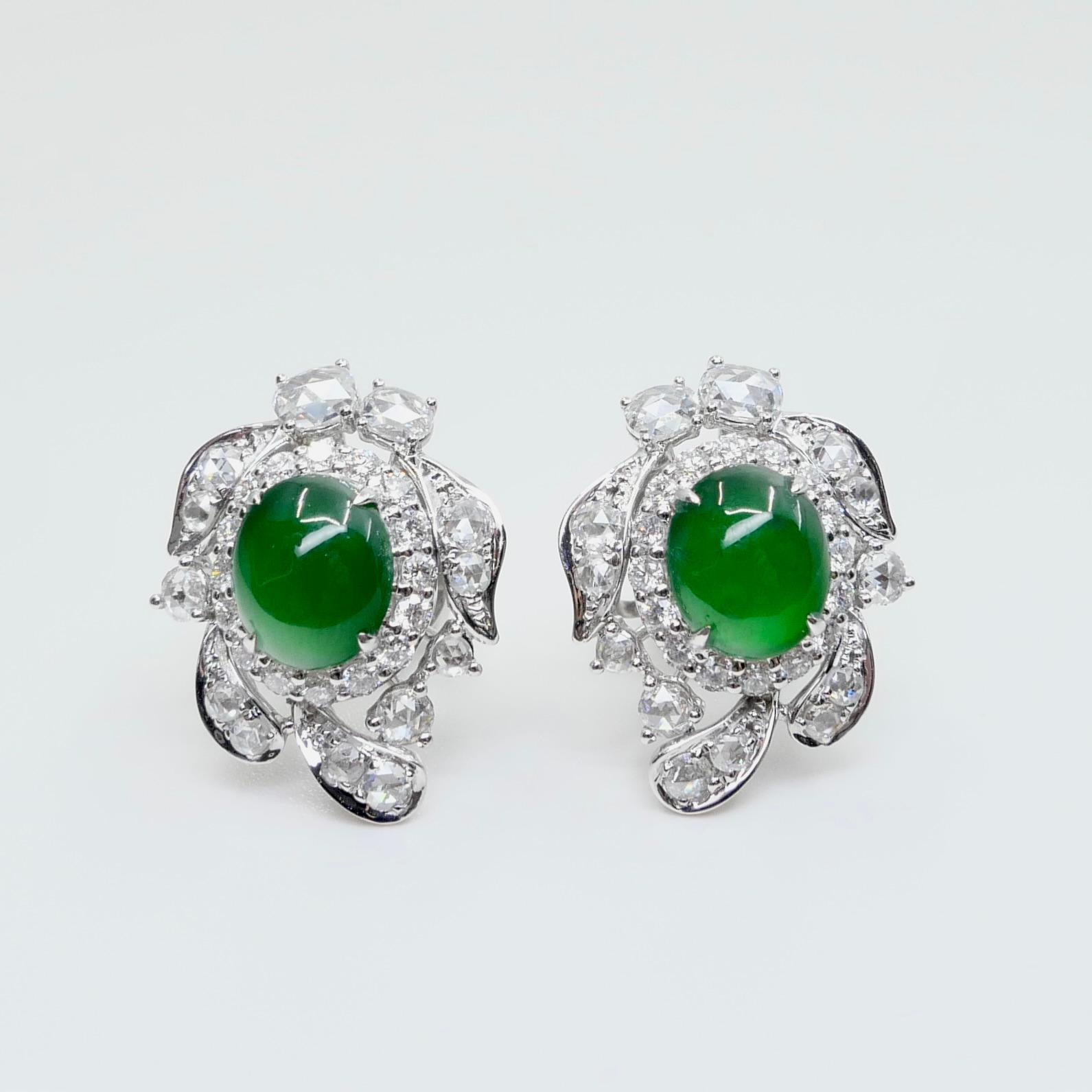 Certified Imperial Jade & Rose Cut Diamond Stud Earrings. Glowing Green. In New Condition For Sale In Hong Kong, HK
