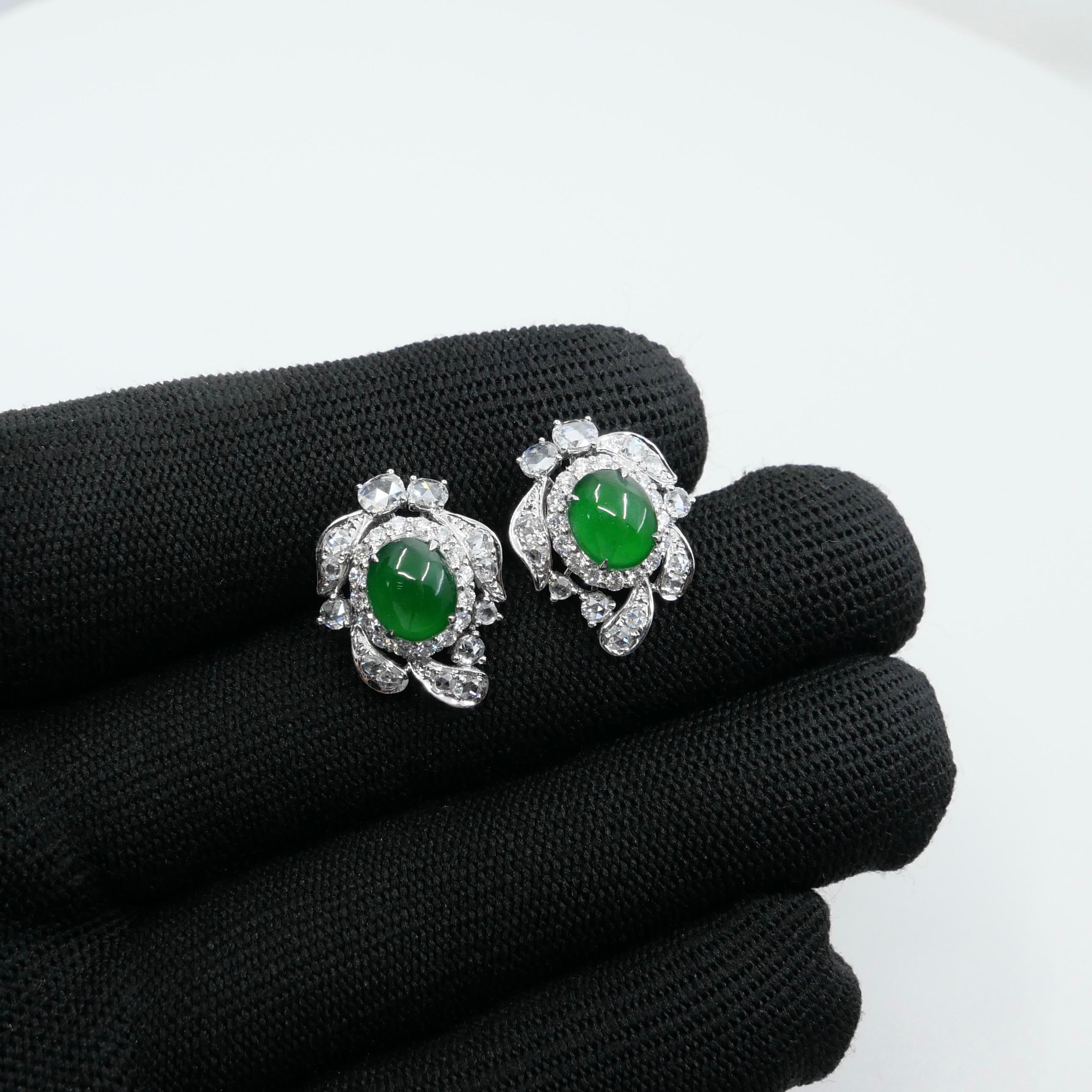 Women's Certified Imperial Jade & Rose Cut Diamond Stud Earrings. Glowing Green. For Sale