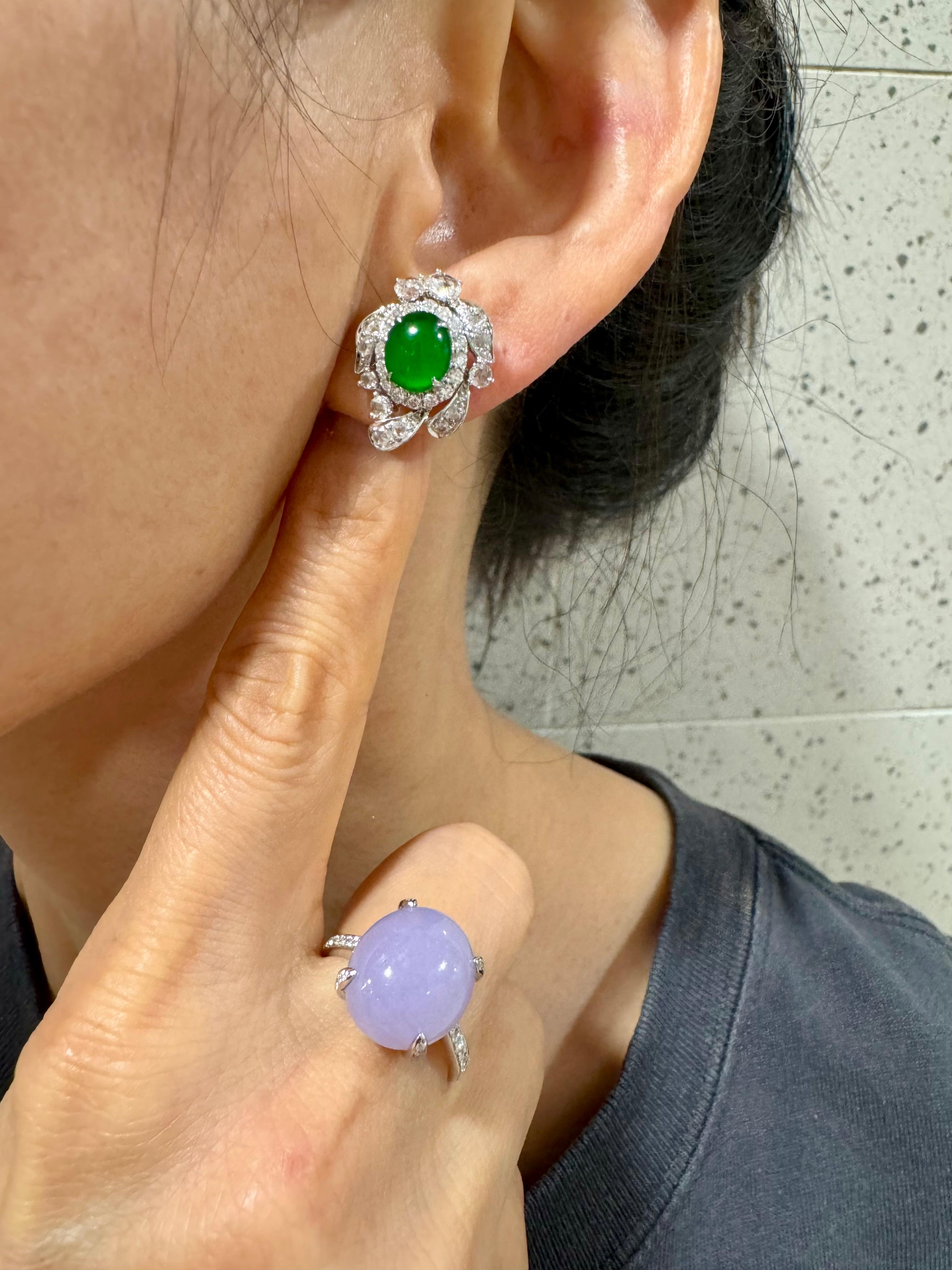 Certified Imperial Jade & Rose Cut Diamond Stud Earrings. Glowing Green. For Sale 1