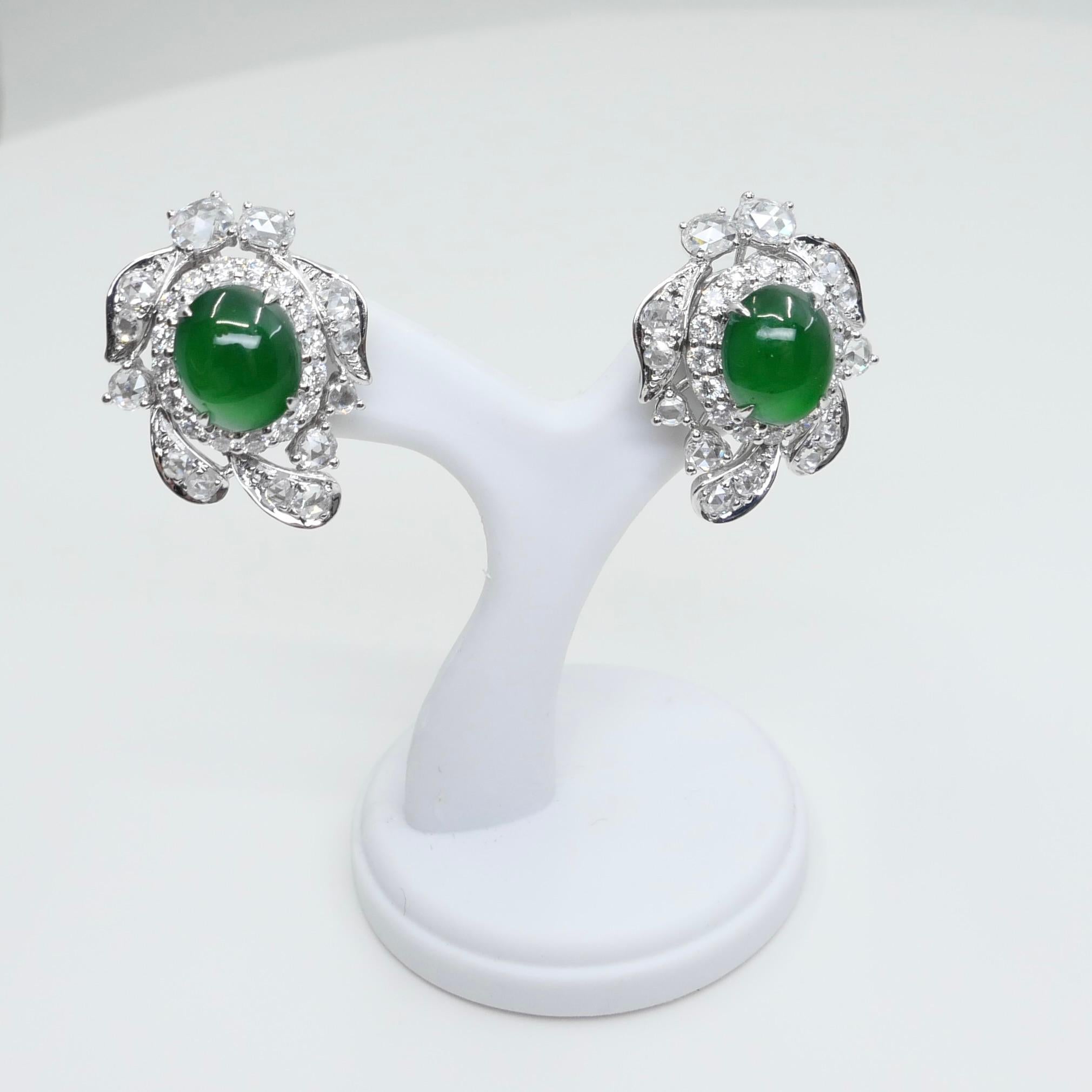 Certified Imperial Jade & Rose Cut Diamond Stud Earrings. Glowing Green. For Sale 2