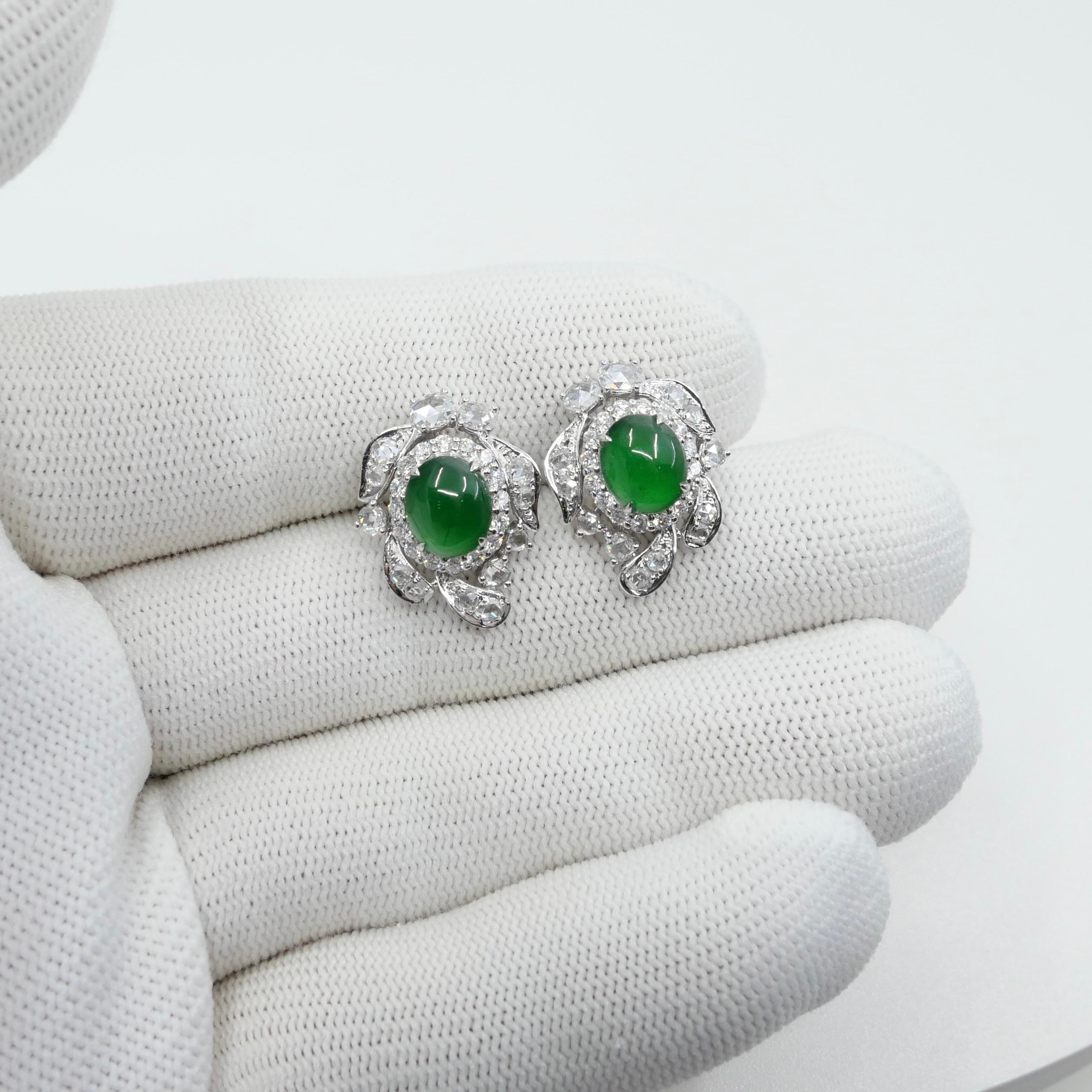 Certified Imperial Jade & Rose Cut Diamond Stud Earrings. Glowing Green. For Sale 4