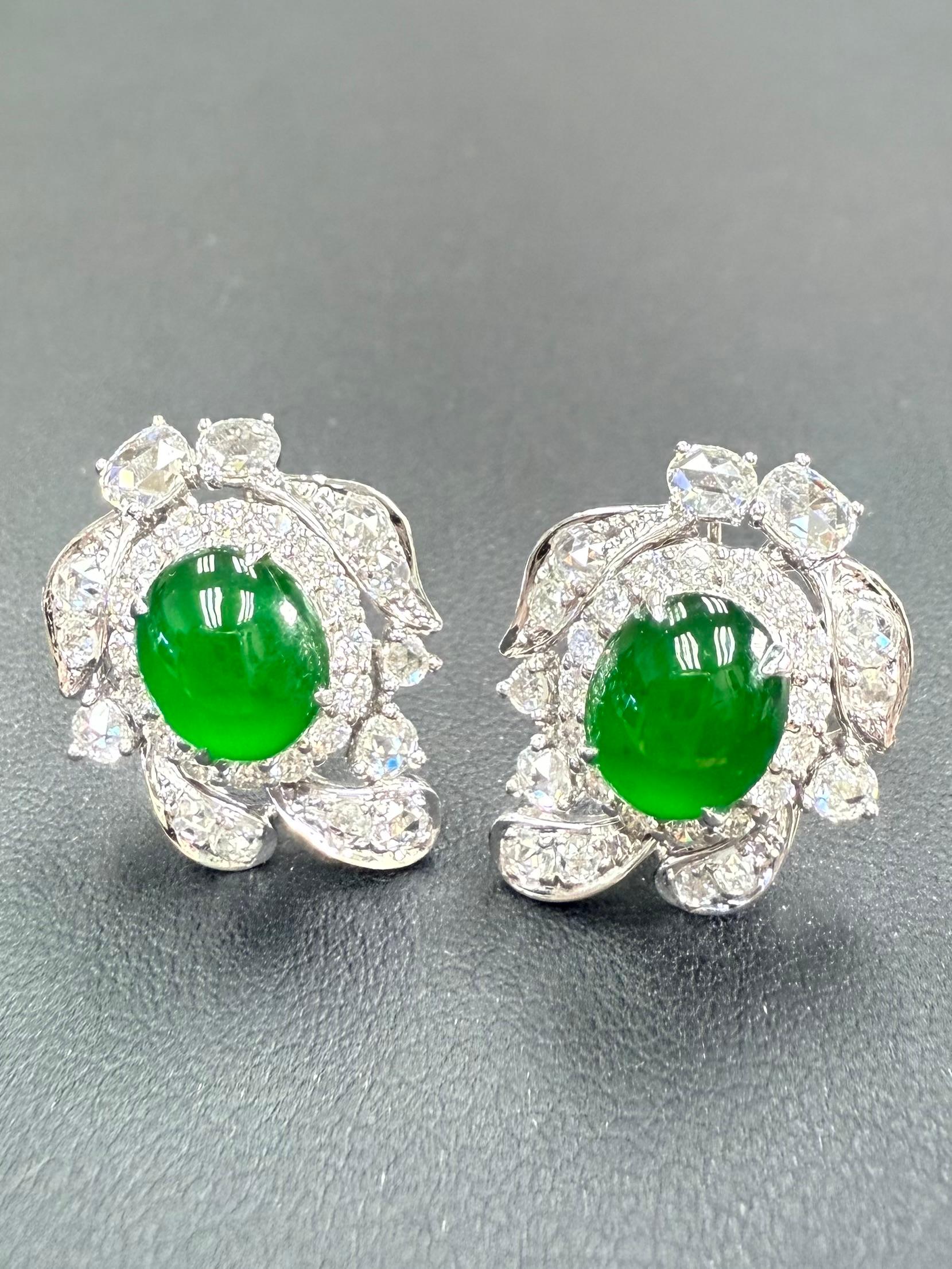 Certified Imperial Jade & Rose Cut Diamond Stud Earrings. Glowing Green. For Sale 1