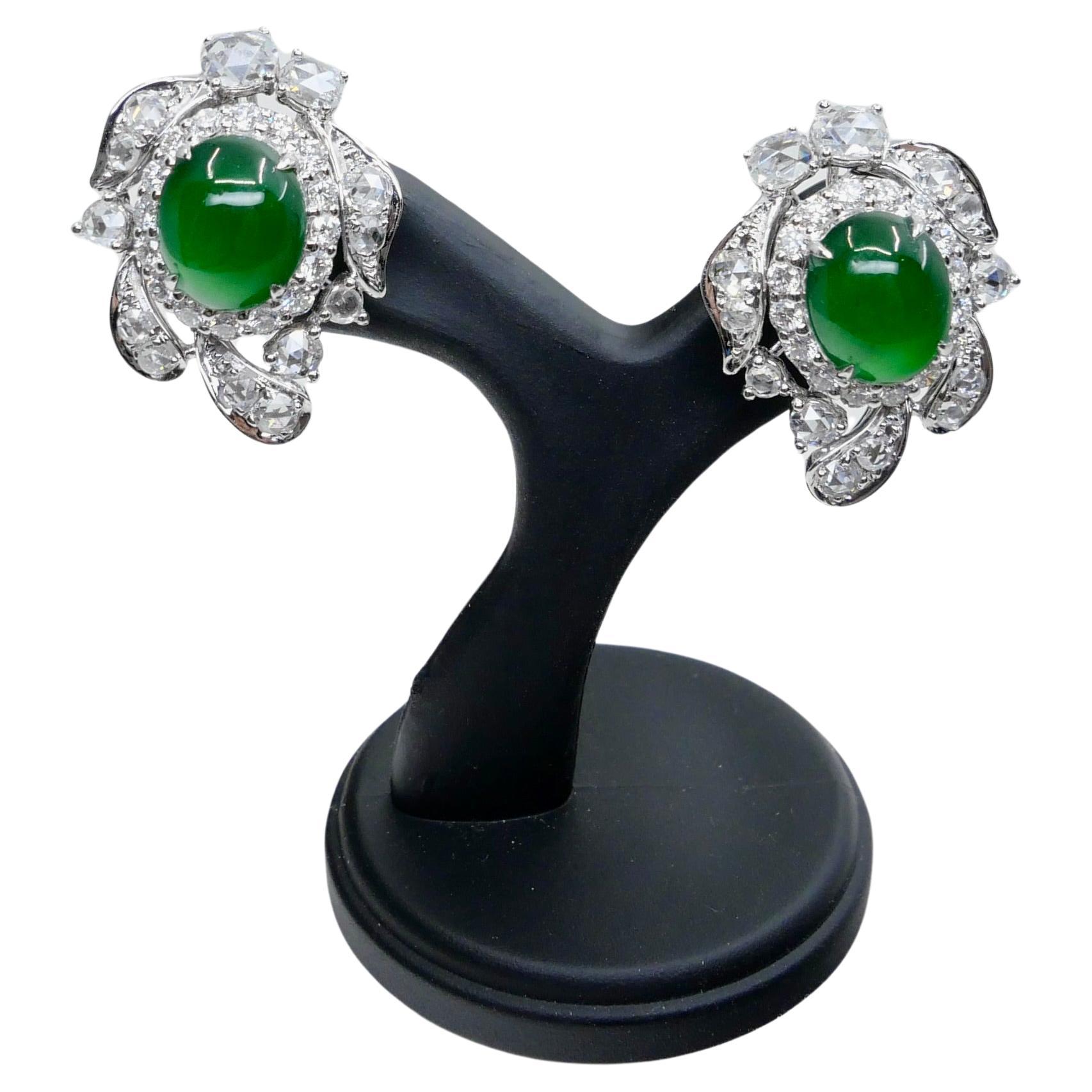 Certified Imperial Jade & Rose Cut Diamond Stud Earrings. Glowing Green.