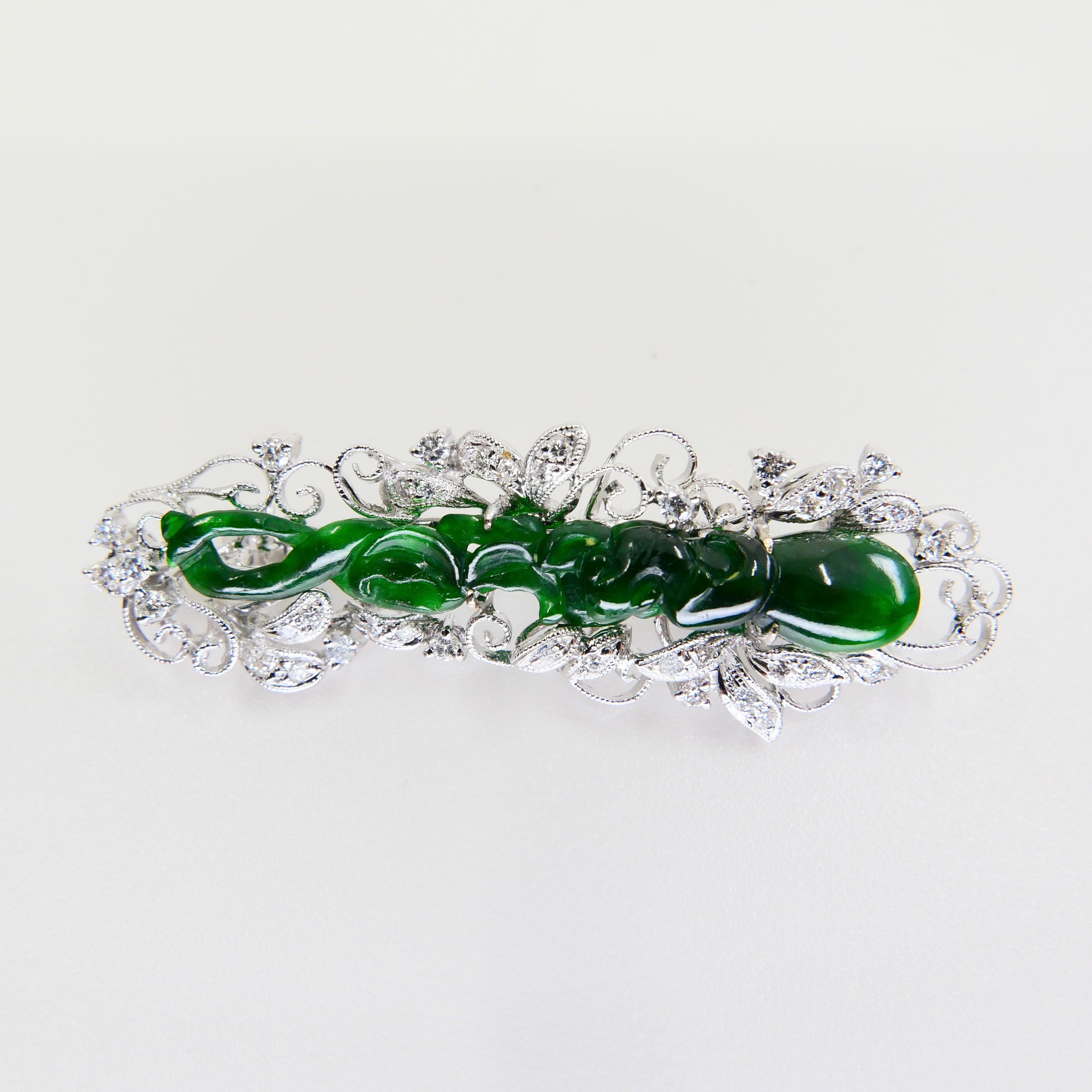 Certified Intense Green Carved Jade & Diamond Brooch, Close to Imperial Green For Sale 5