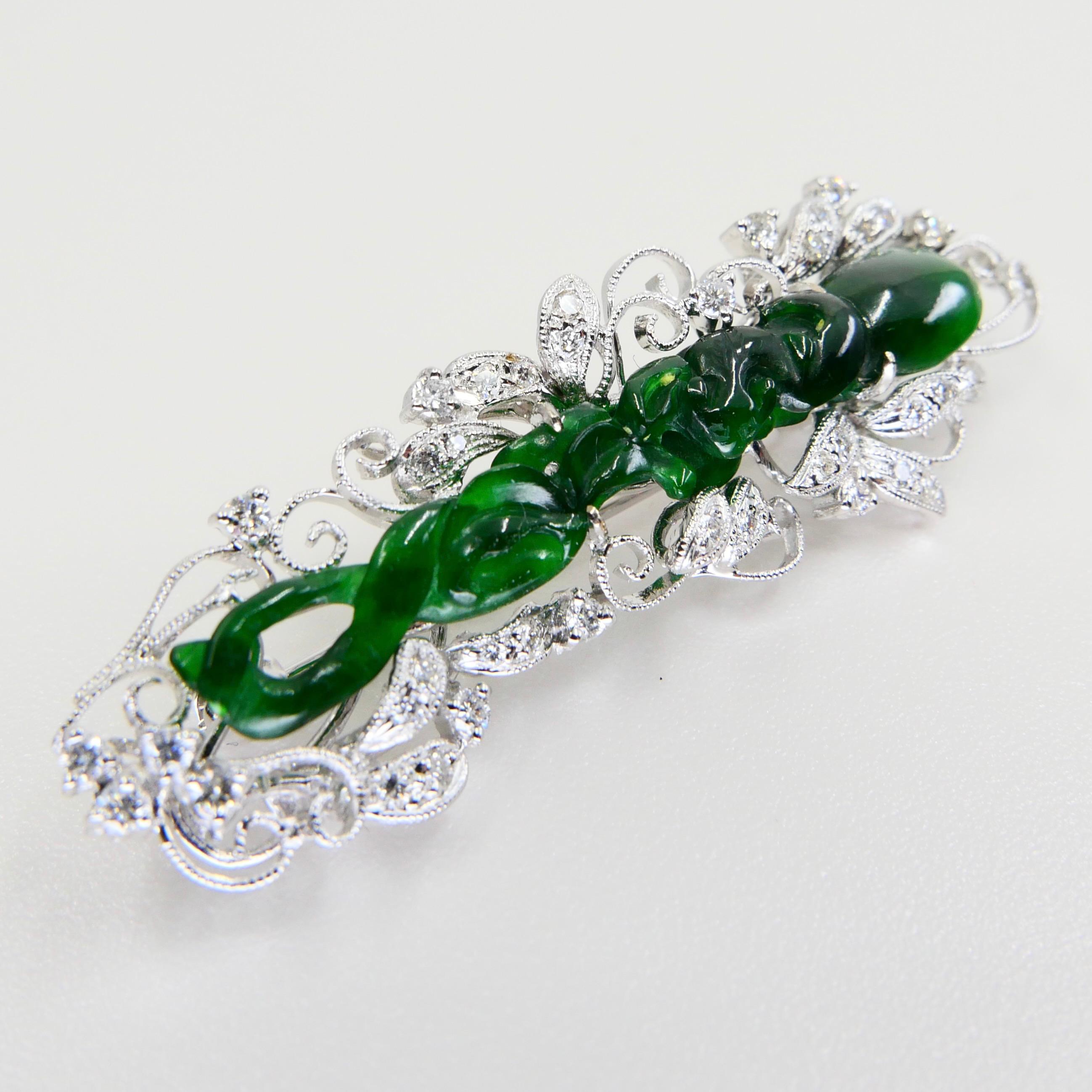 Certified Intense Green Carved Jade & Diamond Brooch, Close to Imperial Green For Sale 6