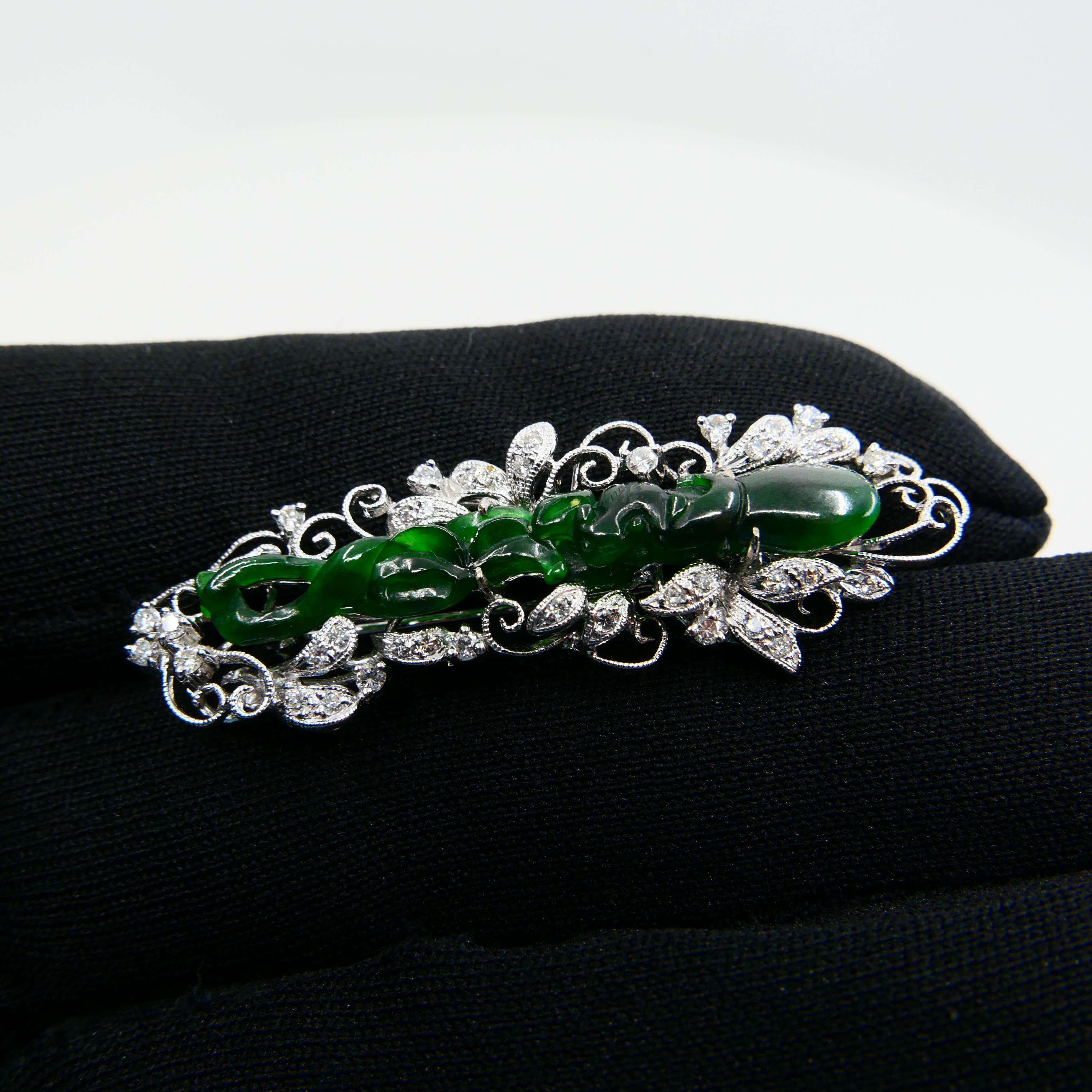 Certified Intense Green Carved Jade & Diamond Brooch, Close to Imperial Green For Sale 7