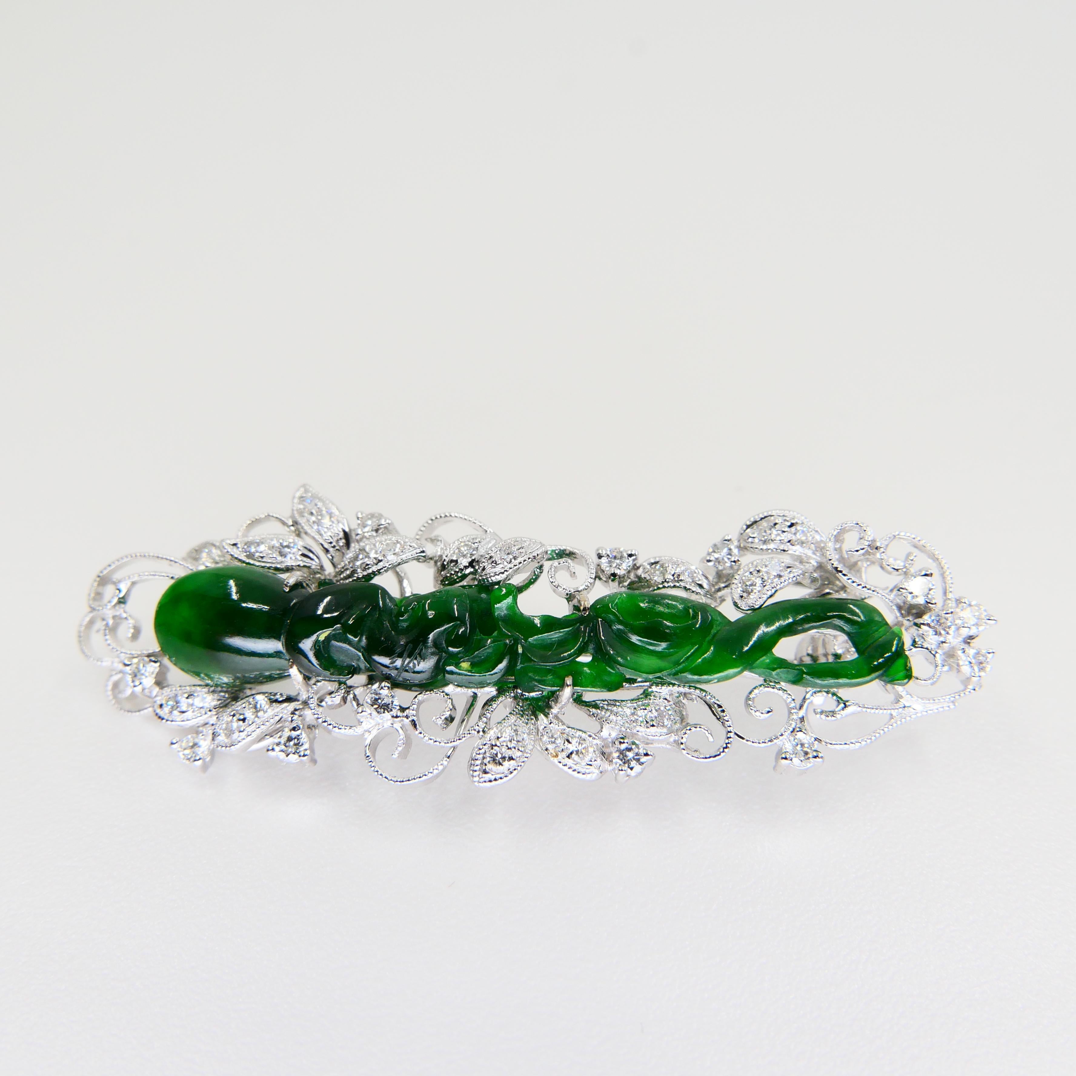 Certified Intense Green Carved Jade & Diamond Brooch, Close to Imperial Green For Sale 8