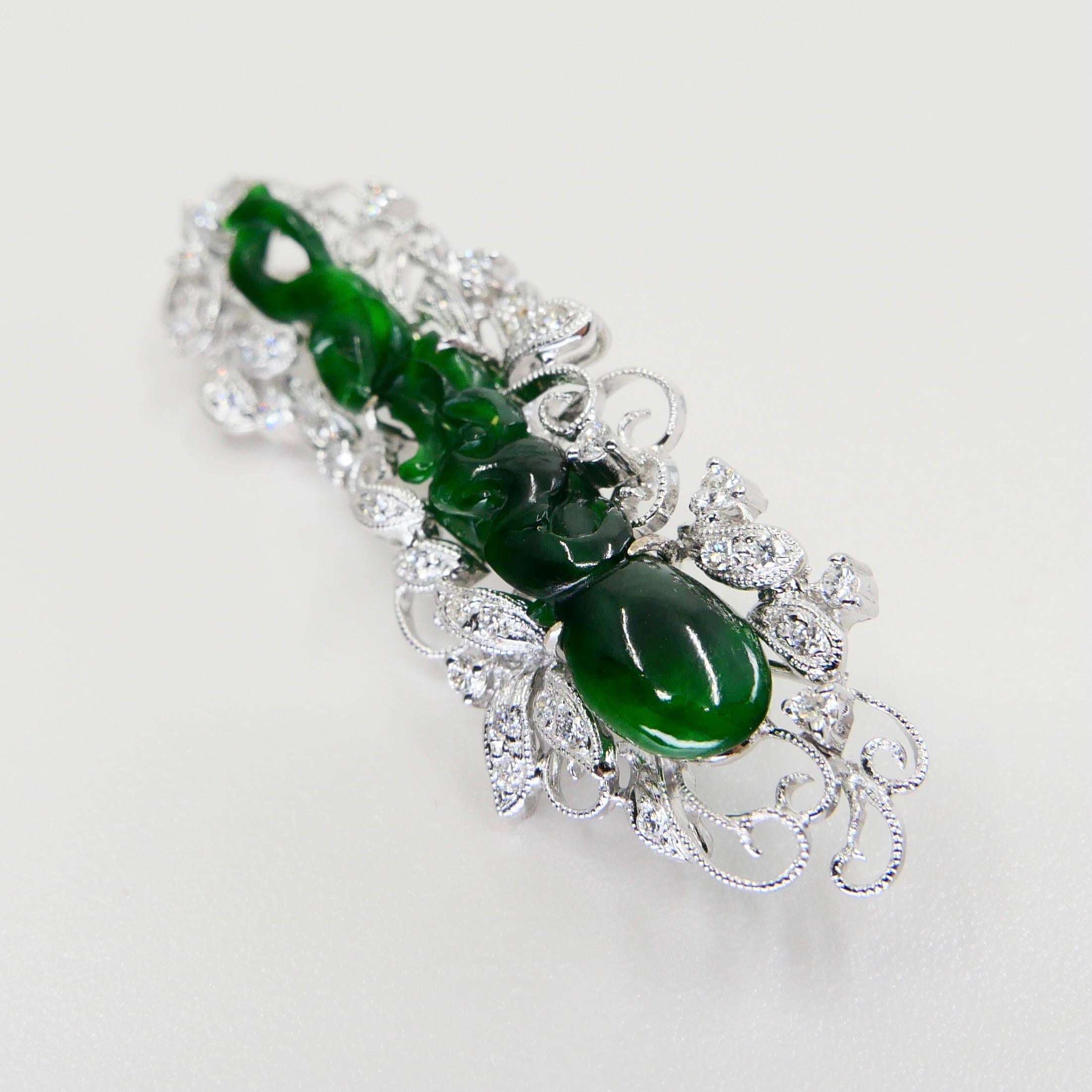 Rough Cut Certified Intense Green Carved Jade & Diamond Brooch, Close to Imperial Green For Sale