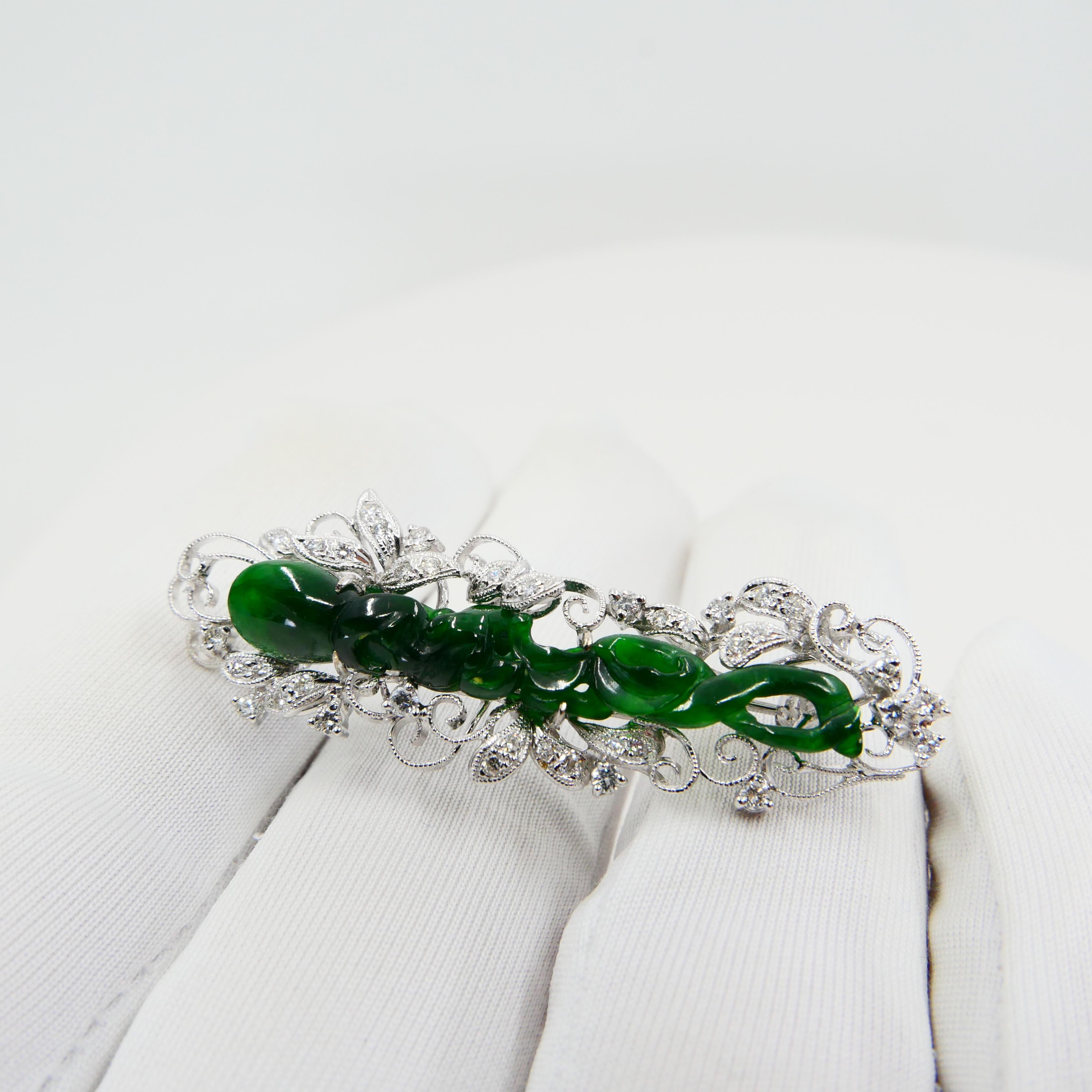 Certified Intense Green Carved Jade & Diamond Brooch, Close to Imperial Green In New Condition For Sale In Hong Kong, HK