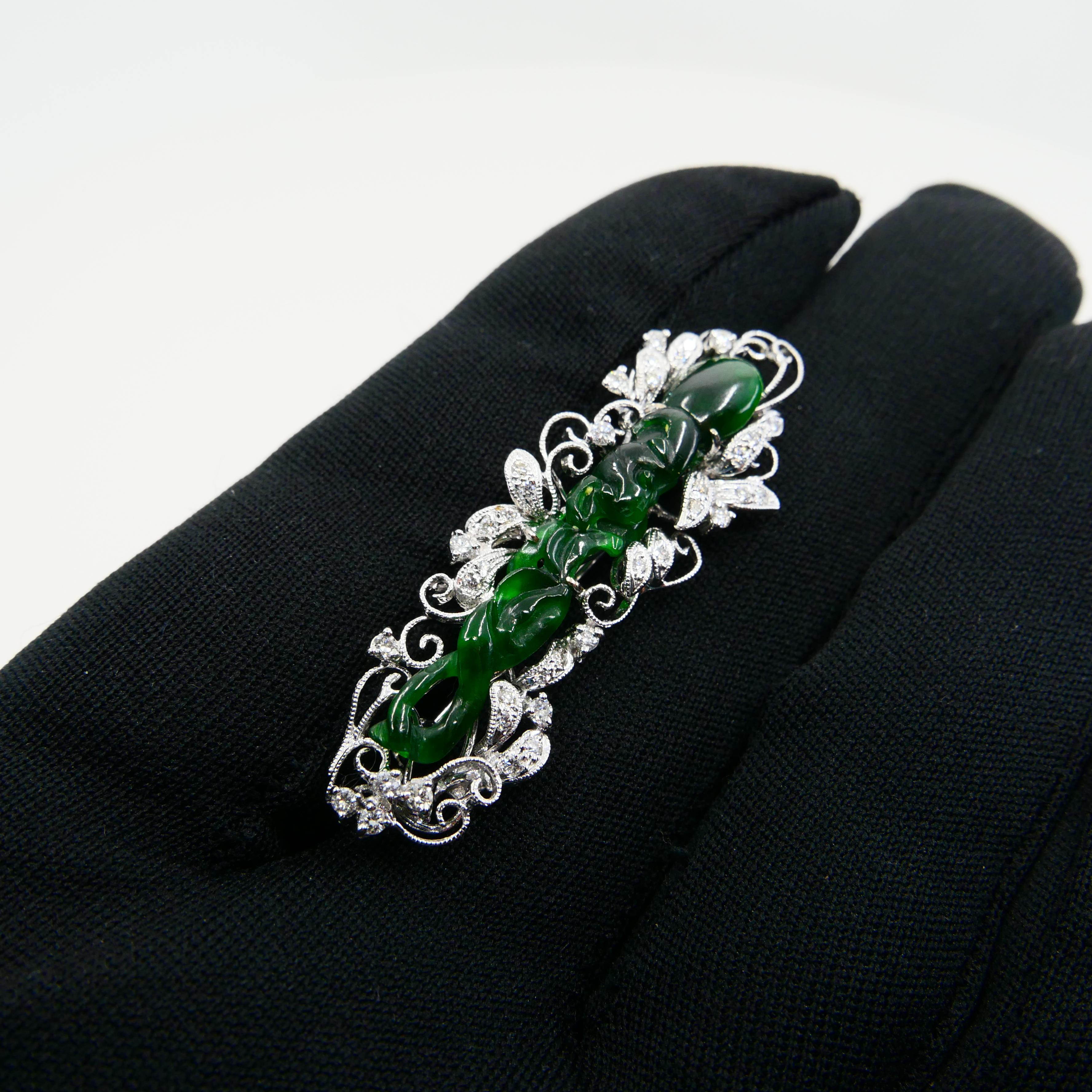 Women's Certified Intense Green Carved Jade & Diamond Brooch, Close to Imperial Green For Sale