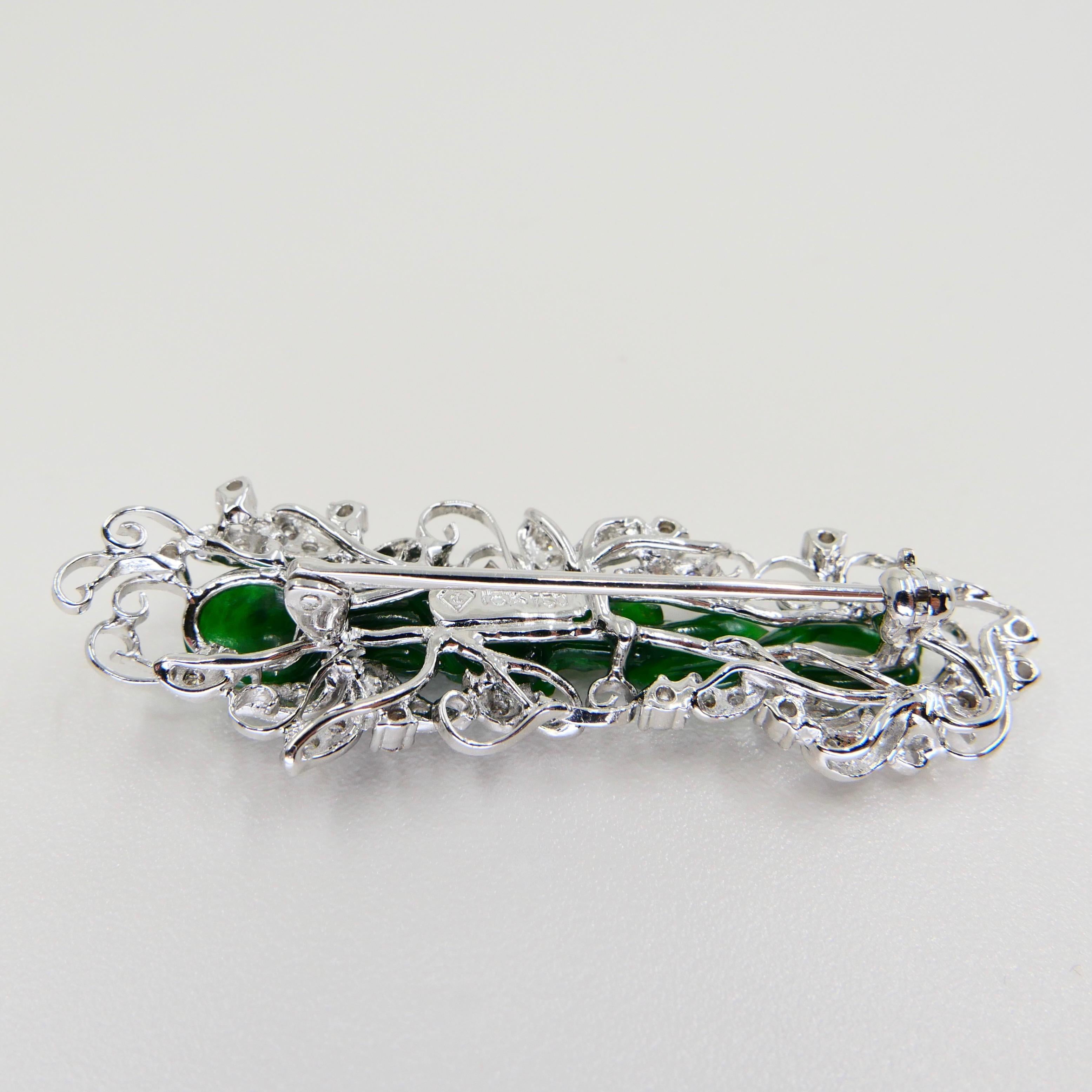 Certified Intense Green Carved Jade & Diamond Brooch, Close to Imperial Green For Sale 1