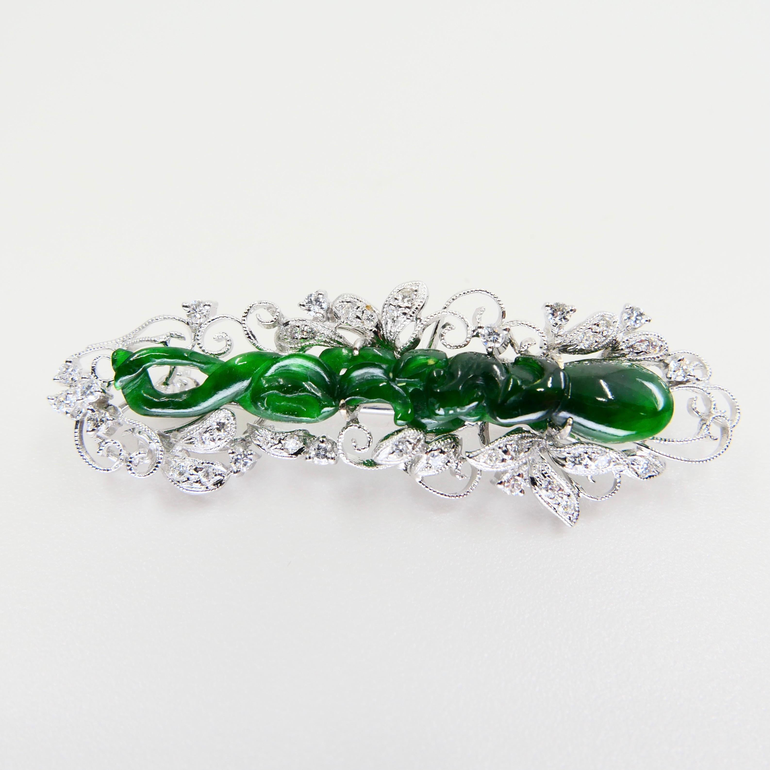 Certified Intense Green Carved Jade & Diamond Brooch, Close to Imperial Green For Sale 3