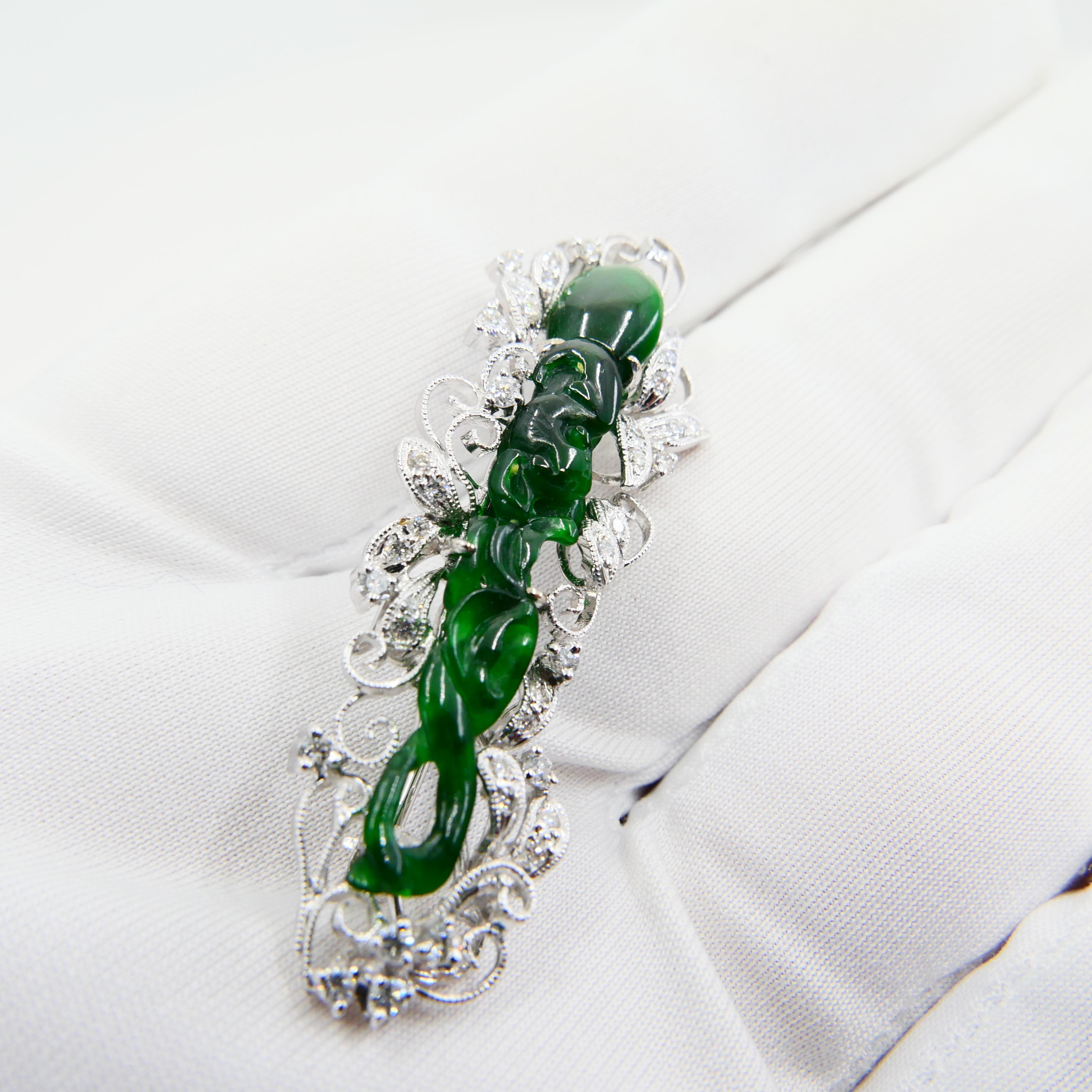Certified Intense Green Carved Jade & Diamond Brooch, Close to Imperial Green For Sale 4