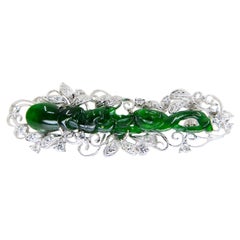 Certified Intense Green Carved Jade & Diamond Brooch, Close to Imperial Green