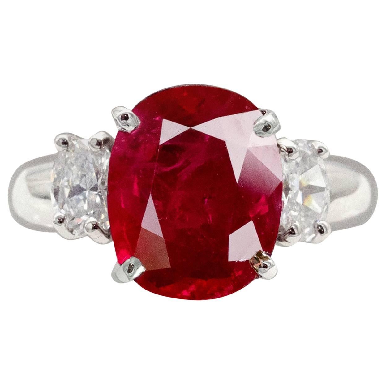 Certified Intense Red Ruby and Diamond Three Stones Ring For Sale