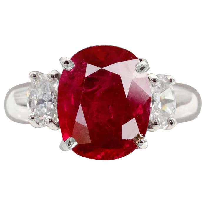 Certified Intense Red Ruby and Diamond Three Stones Ring For Sale at ...