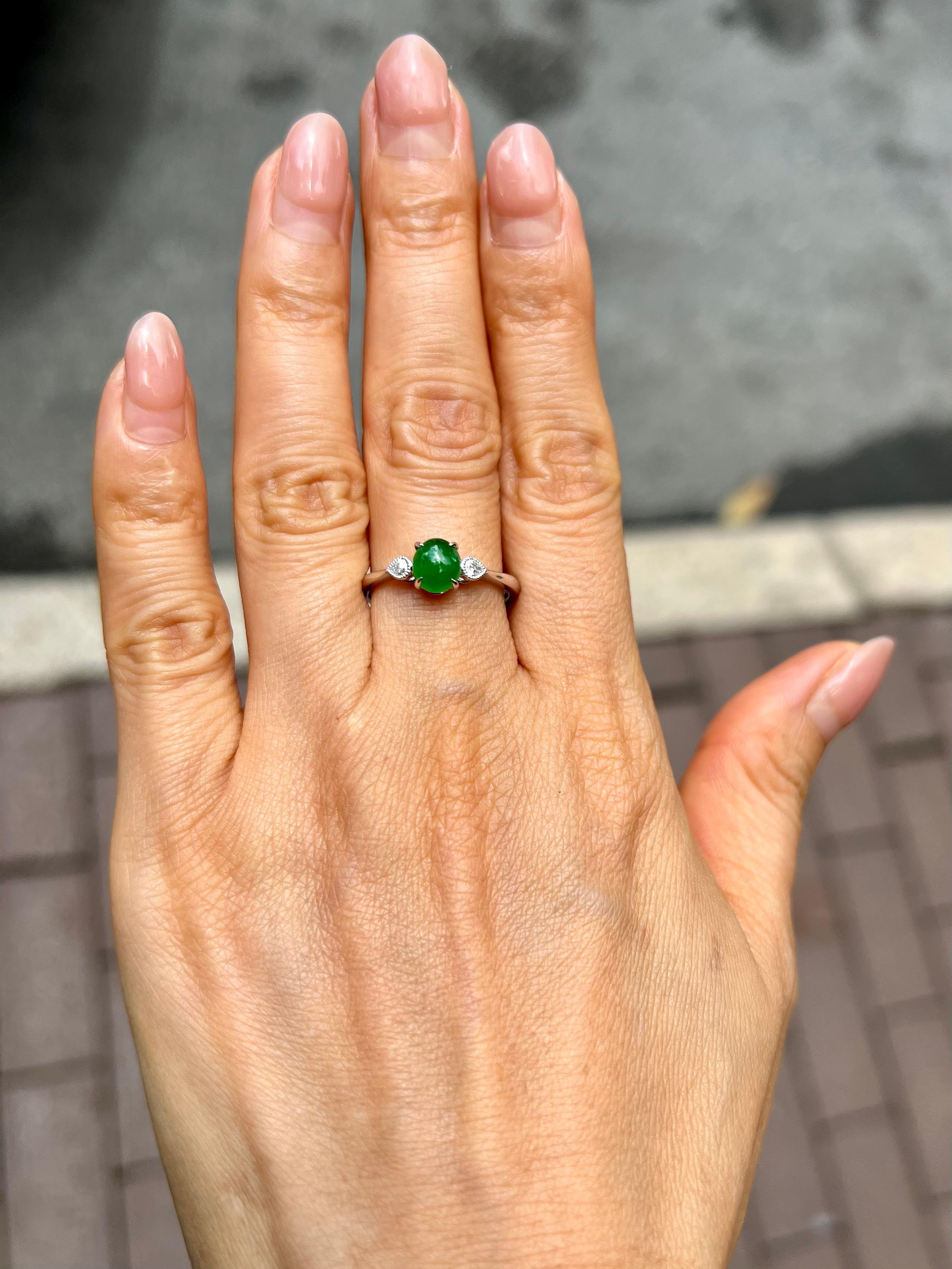 Certified Jade & Diamond 3 Stone Ring, True Imperial Green, Dainty & Elegant For Sale 3