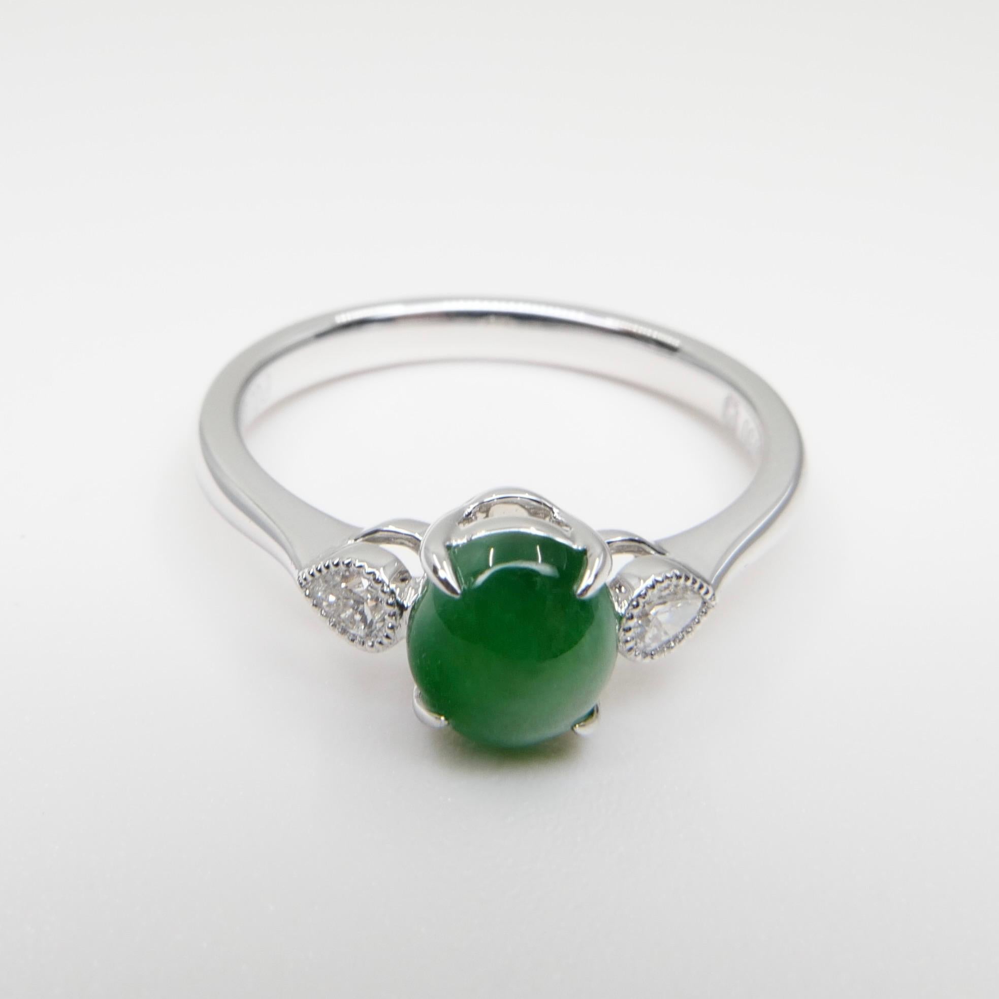 Certified Jade & Diamond 3 Stone Ring, True Imperial Green, Dainty & Elegant For Sale 4