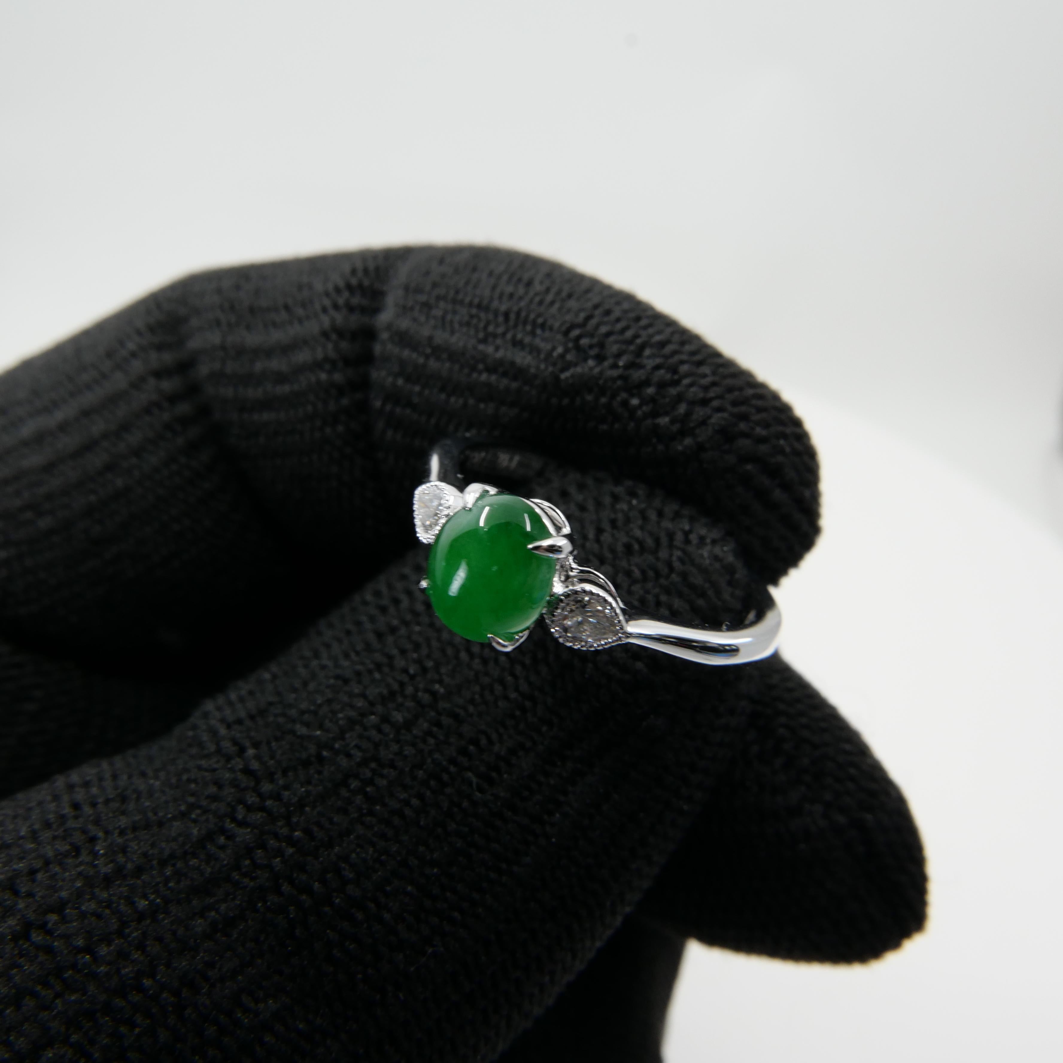 Certified Jade & Diamond 3 Stone Ring, True Imperial Green, Dainty & Elegant For Sale 6