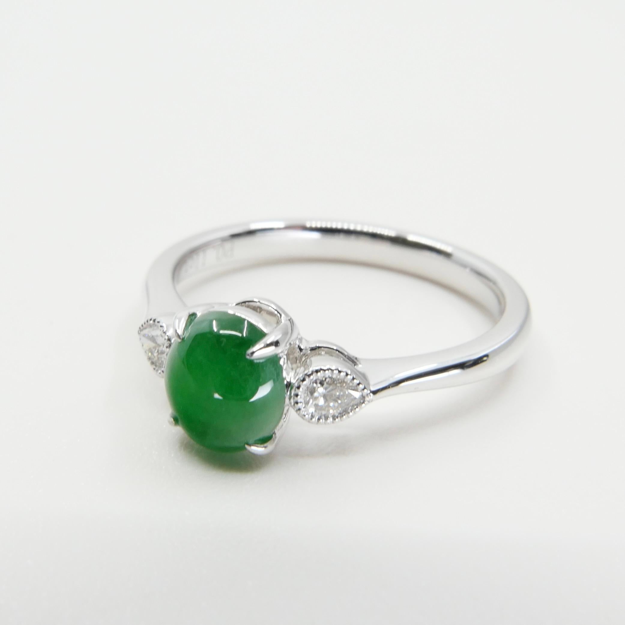 Certified Jade & Diamond 3 Stone Ring, True Imperial Green, Dainty & Elegant For Sale 7